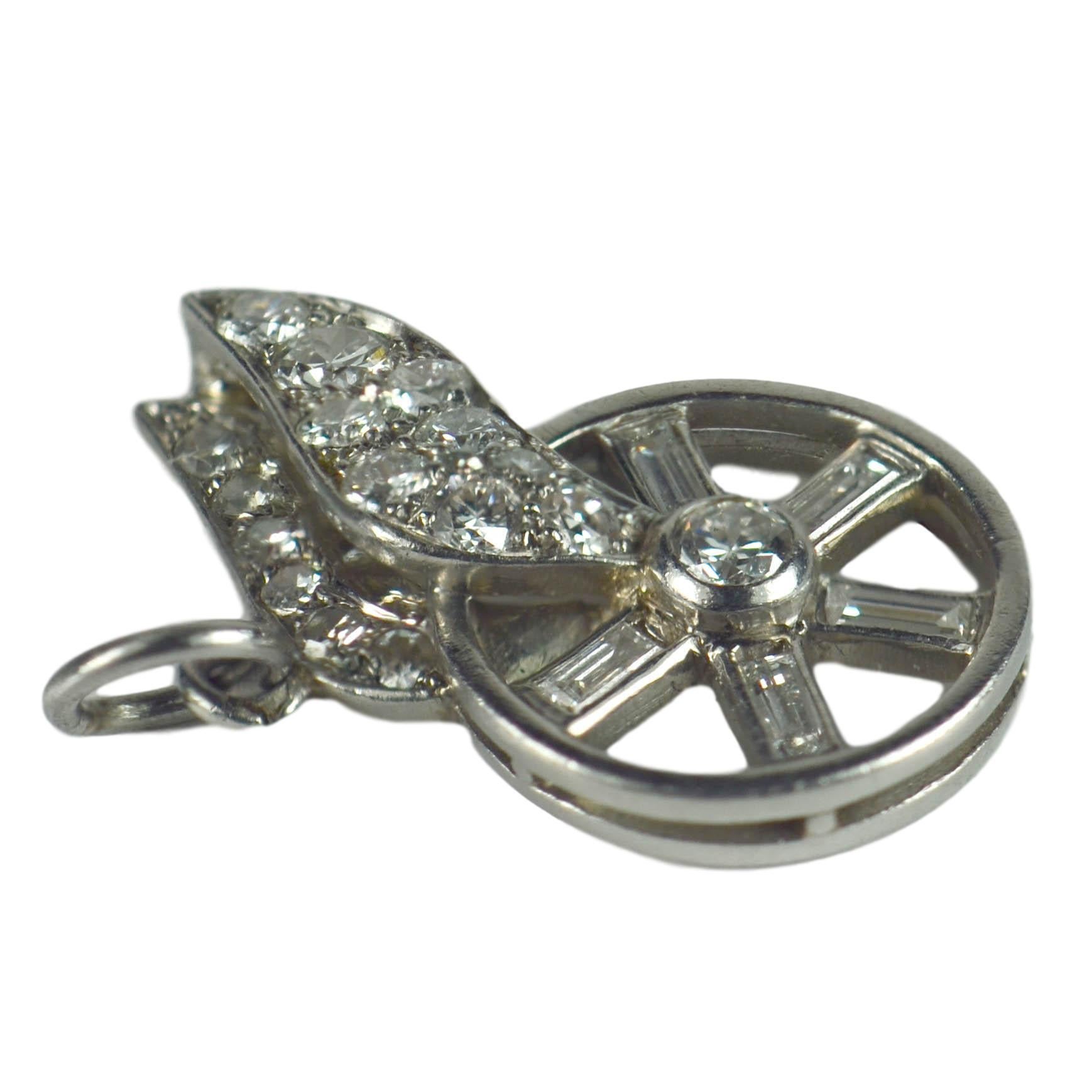Women's or Men's Chaumet Art Deco Hermes Winged Wheel Platinum Diamond Charm