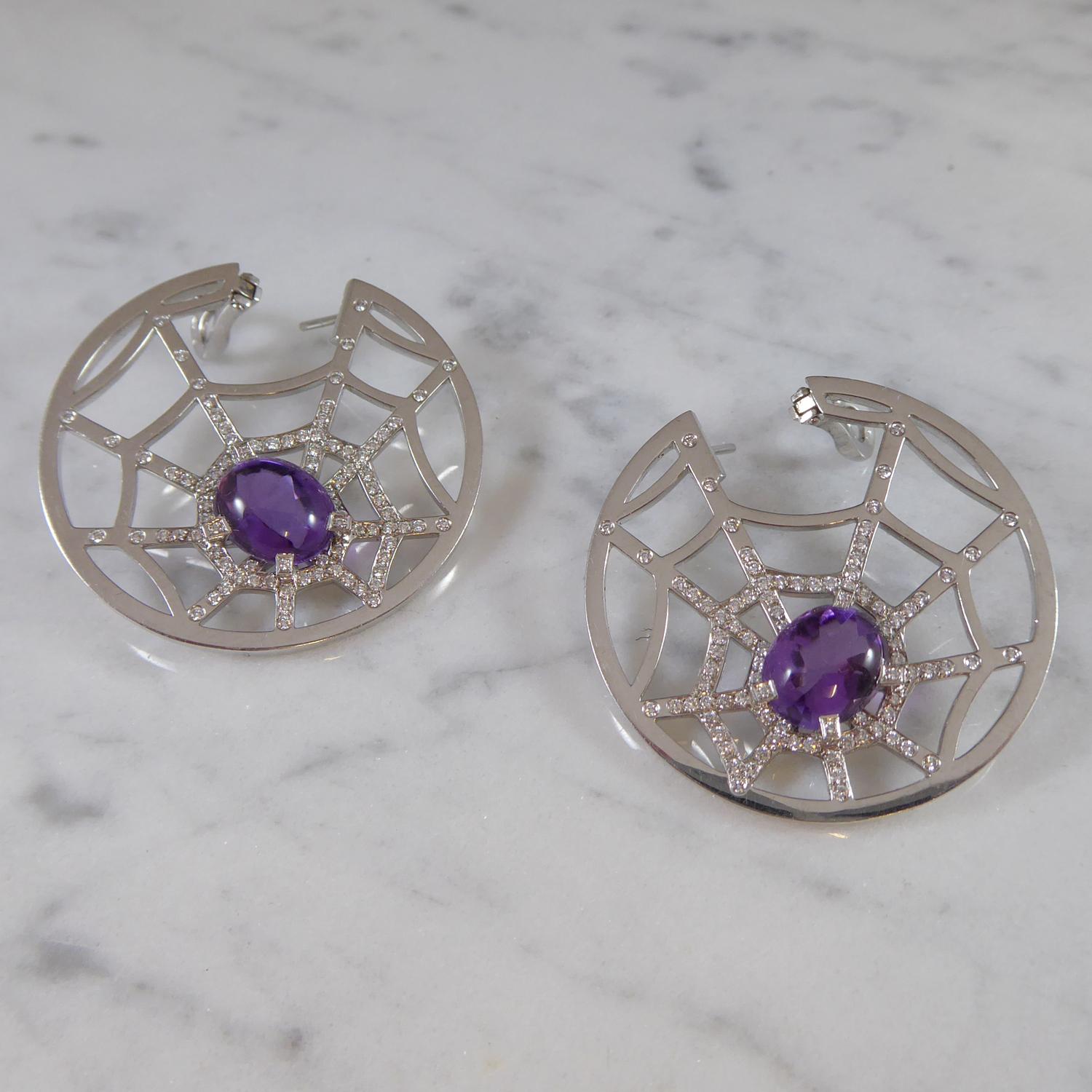 Chaumet Attrape-Moi Earrings, Diamond Set Spider's Web with Amethyst Spider In Excellent Condition In Yorkshire, West Yorkshire