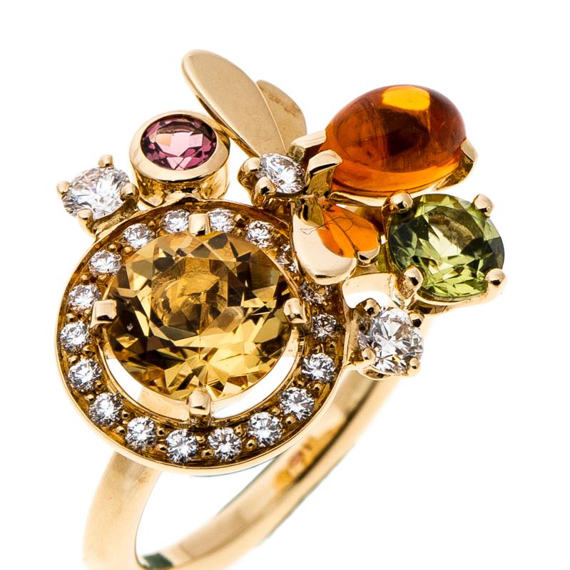 Chaumet Attrape Moi Multicolor Gemstones & Diamond 18k Yellow Gold Ring Size 50 In Good Condition In Dubai, Al Qouz 2