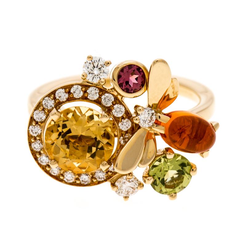 Women's Chaumet Attrape Moi Multicolor Gemstones & Diamond 18k Yellow Gold Ring Size 50