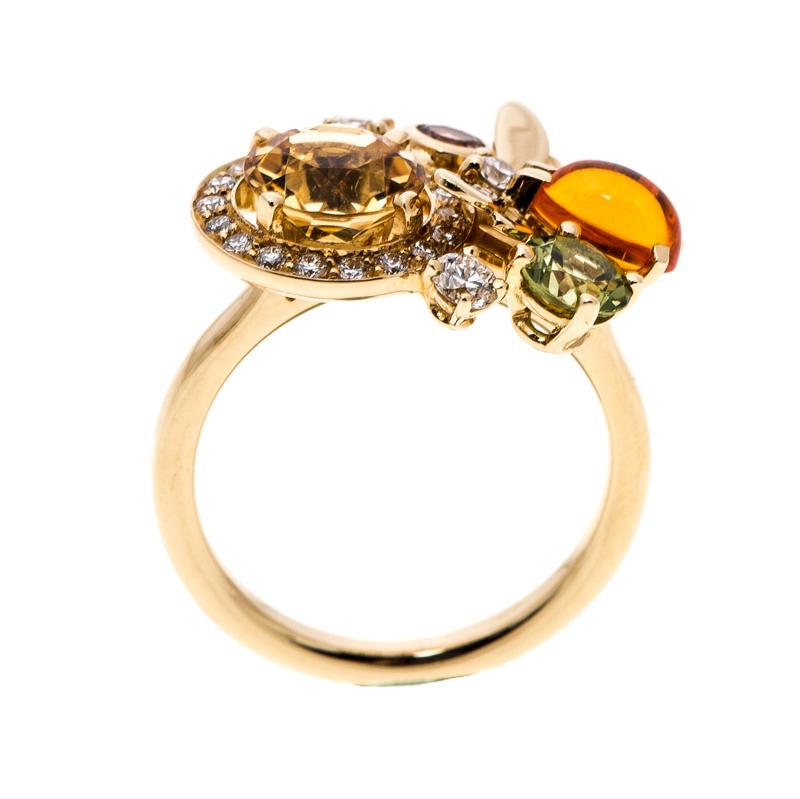 Chaumet Attrape Moi Multicolor Gemstones & Diamond 18k Yellow Gold Ring Size 50