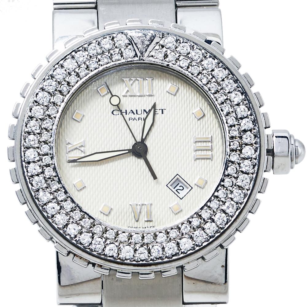 Uncut Chaumet Beige Stainless Steel Diamonds Class One 628 Women's Wristwatch 36MM