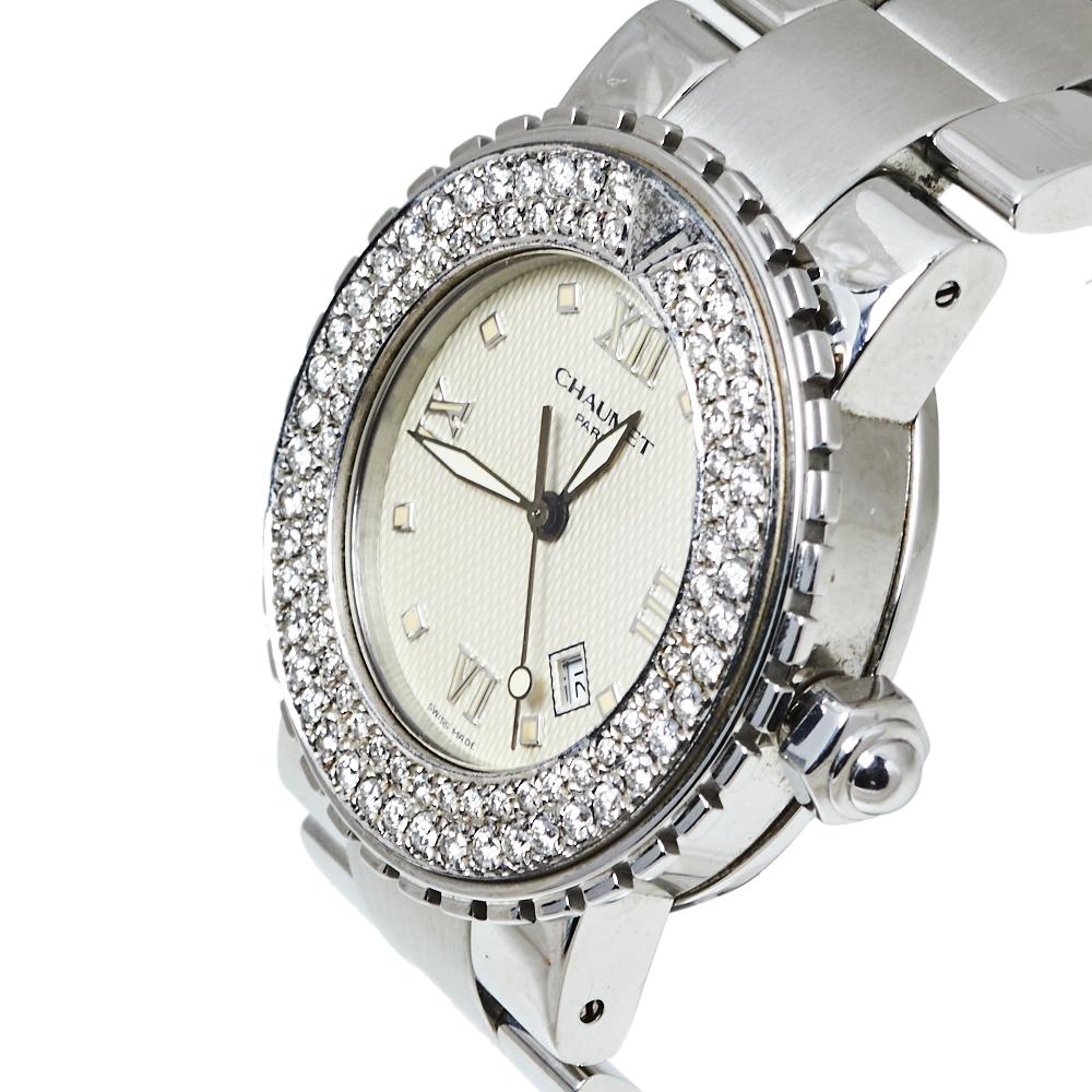 Chaumet Beige Stainless Steel Diamonds Class One 628 Women's Wristwatch 36MM In Good Condition In Dubai, Al Qouz 2