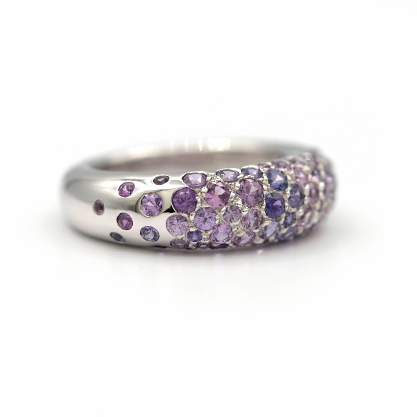 From the Chaumet Collection, this ring has gorgeous blue and purple Sapphires weighting approximately 2.00ct.
Its an elegant piece to add a pop of color to your jewelry collection.
It is made with 18k white gold and is a size 6.
