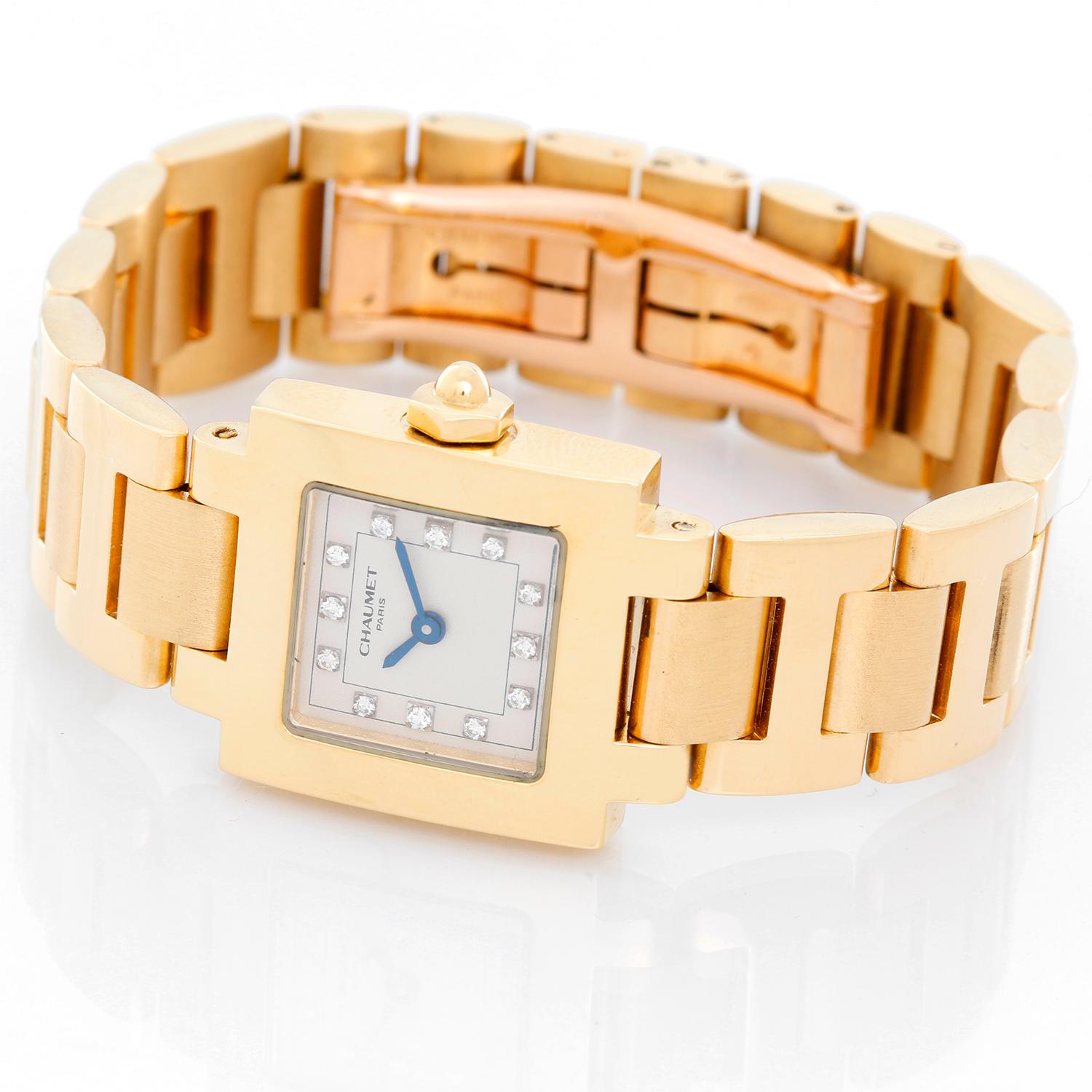 Chaumet Carree 18K Yellow Gold Ladies Watch  - Quartz movement. 18K Yellow Gold ( 21 mm ) . Creme dial with diamond numerical markers . 18K yellow gold bracelet with double deployant; will fit a 6 inch wrist . Pre-owned with custom box .