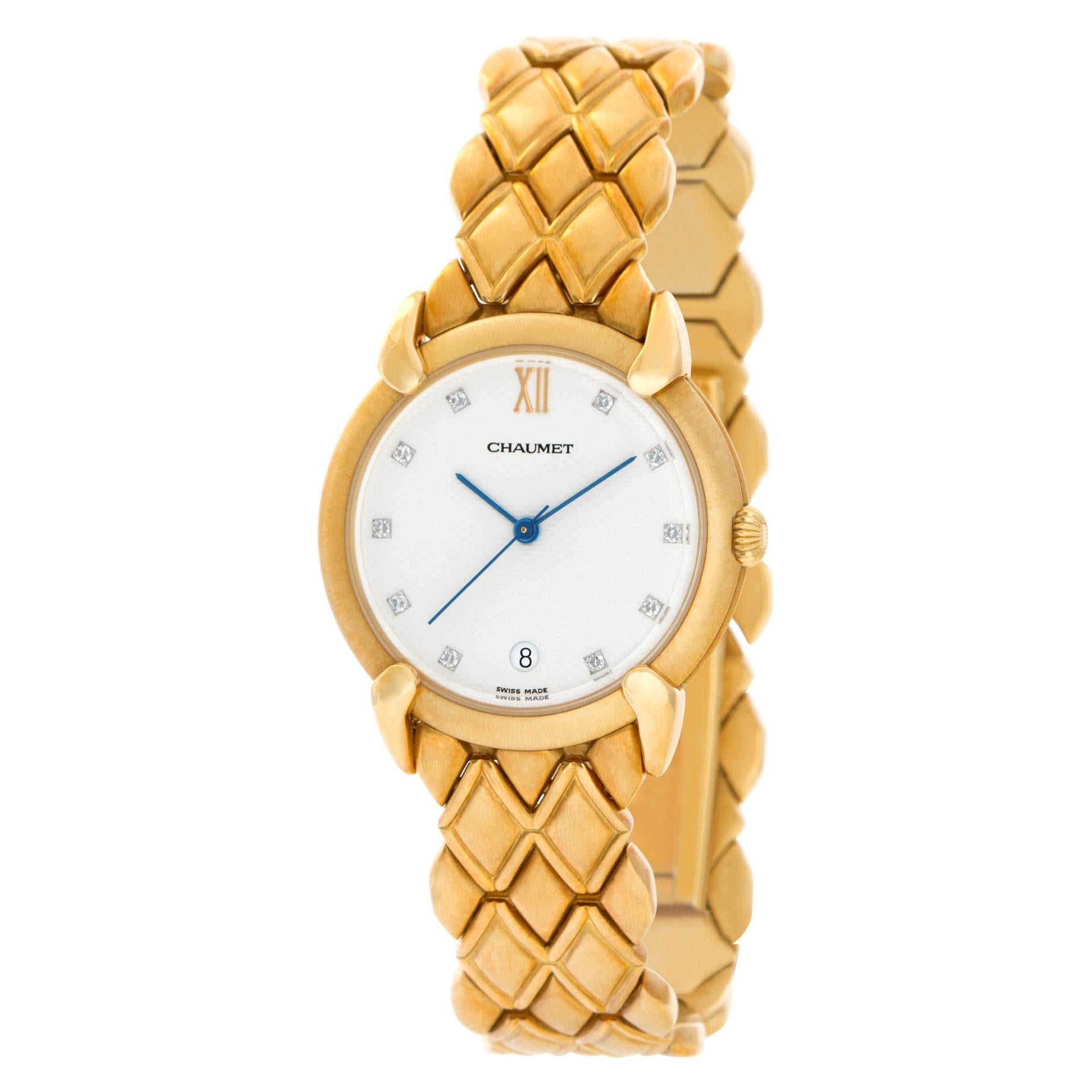 Chaumet Classic in 18k yellow gold with original diamond dial on a honeycomb link band. Quartz w/ sweep seconds and date. 32 mm case size. Circa 2000s. Fine Pre-owned Chaumet Watch.  Certified preowned Dress Chaumet Classic watch is made out of