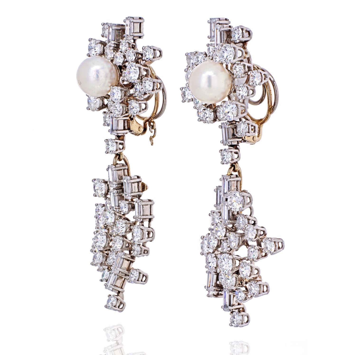 Baguette Cut Chaumet Diamond and Pearl Drop Dangle Clip Earrings