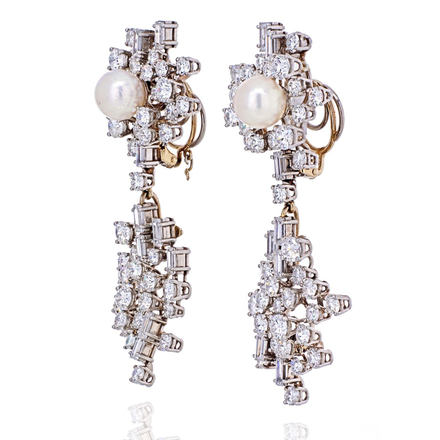 Baguette Cut Chaumet Diamond and Pearl Drop Dangle Clip Earrings For Sale