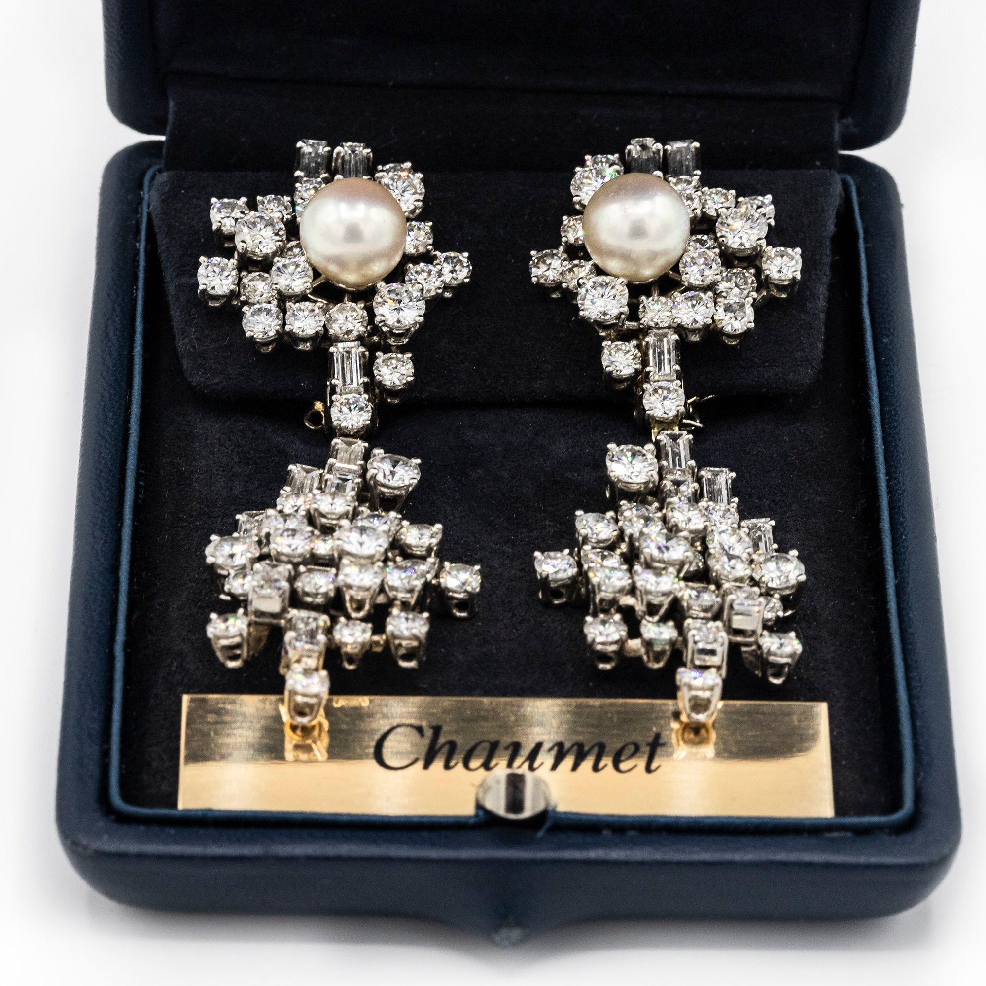 Women's Chaumet Diamond and Pearl Drop Dangle Clip Earrings For Sale