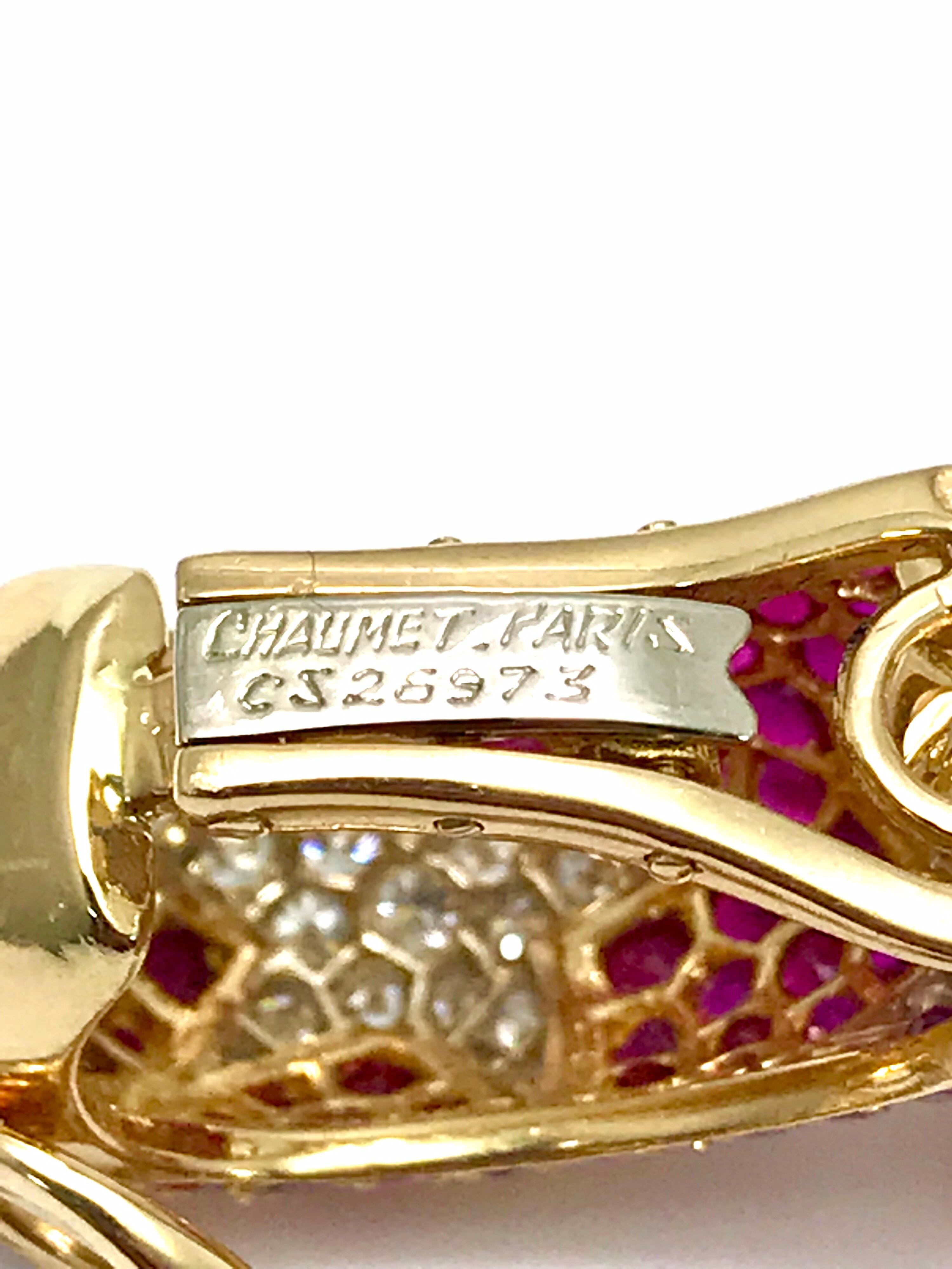 Round Cut Chaumet Diamond and Ruby 18 Karat Yellow Gold Clip Earrings