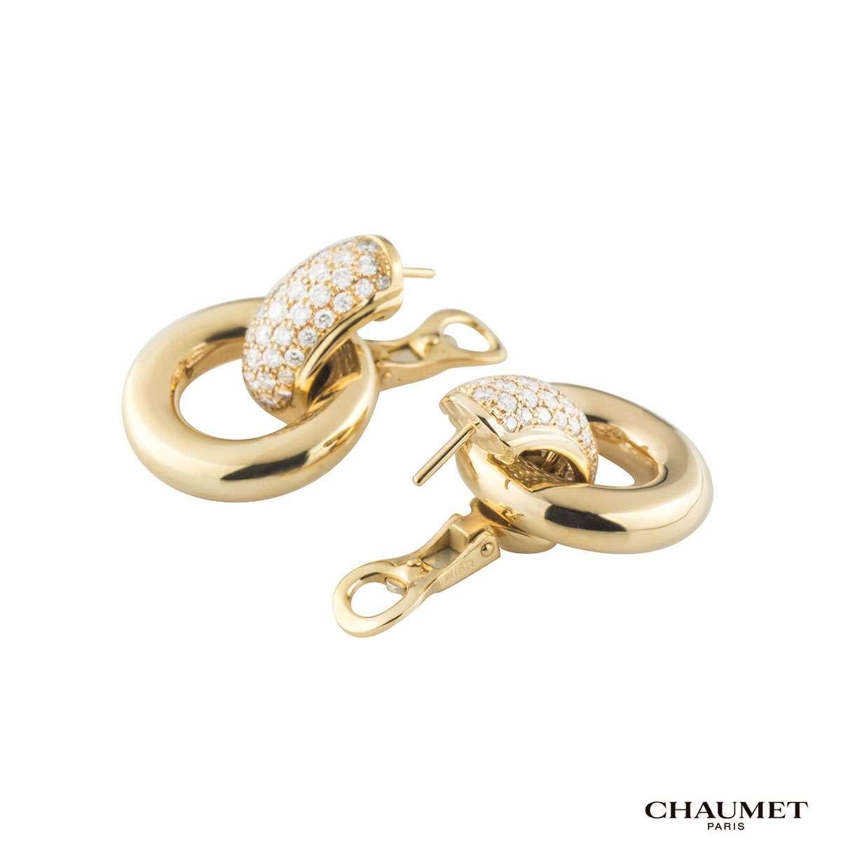 A trendy pair of 18k yellow gold Chaumet diamond hoop earrings. The earrings comprising of hoops with 5 columns of round brilliant cut diamonds in a pave setting with a total weight of approximately 2.10ct, predominantly G colour and VS clarity.