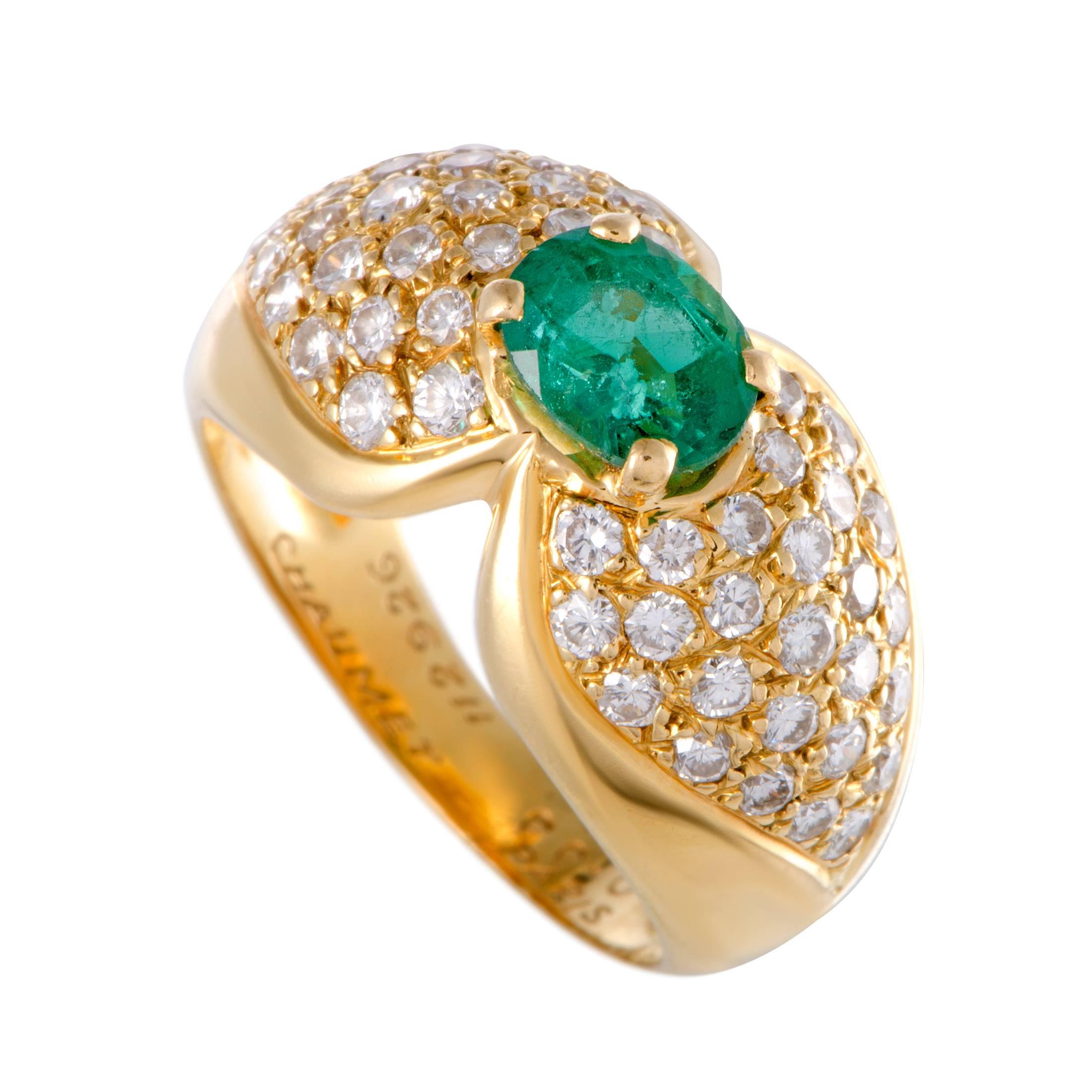 Chaumet Emerald Diamond Pave Gold Solitaire Ring