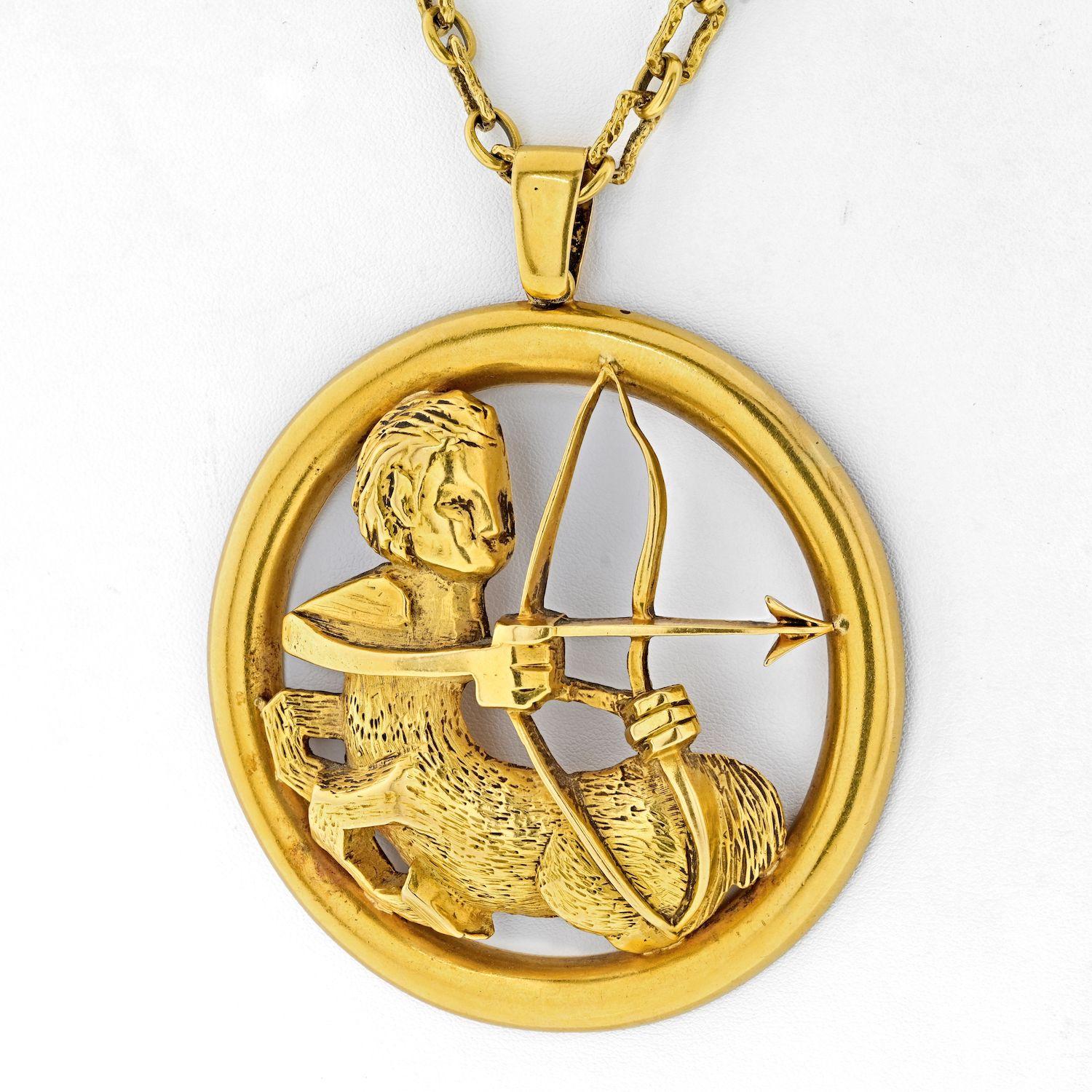 Sagittarius Zodiac Necklace designed by Chaumet.

Very rare, oversized and massive piece, created in Paris France by the jewelry house of Chaumet, back in the early 1970. This gorgeous Sagittarius Zodiac pendant has been crafted as an sculpture in
