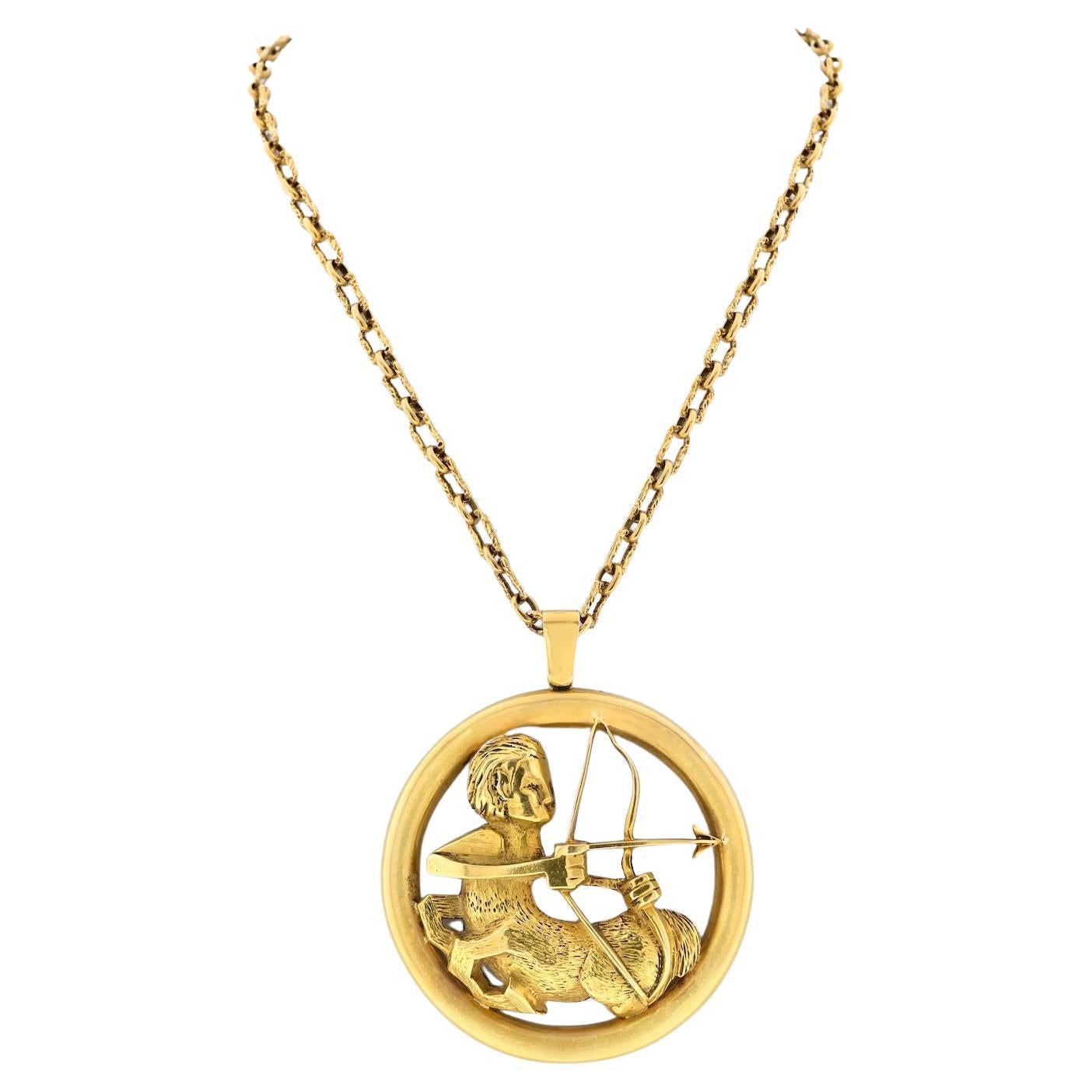 Chaumet Gold Sagittarius Zodiac Oversized Round Pendant On A Chain Necklace For Sale