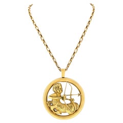 Vintage Chaumet Gold Sagittarius Zodiac Oversized Round Pendant On A Chain Necklace