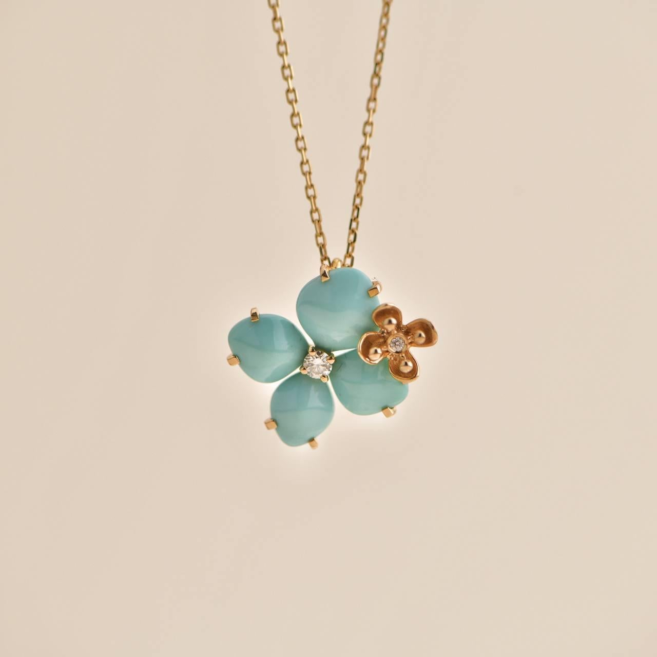 Chaumet Hortensia Eden Rose Gold Turquoise Diamond Pendant In Excellent Condition For Sale In Banbury, GB