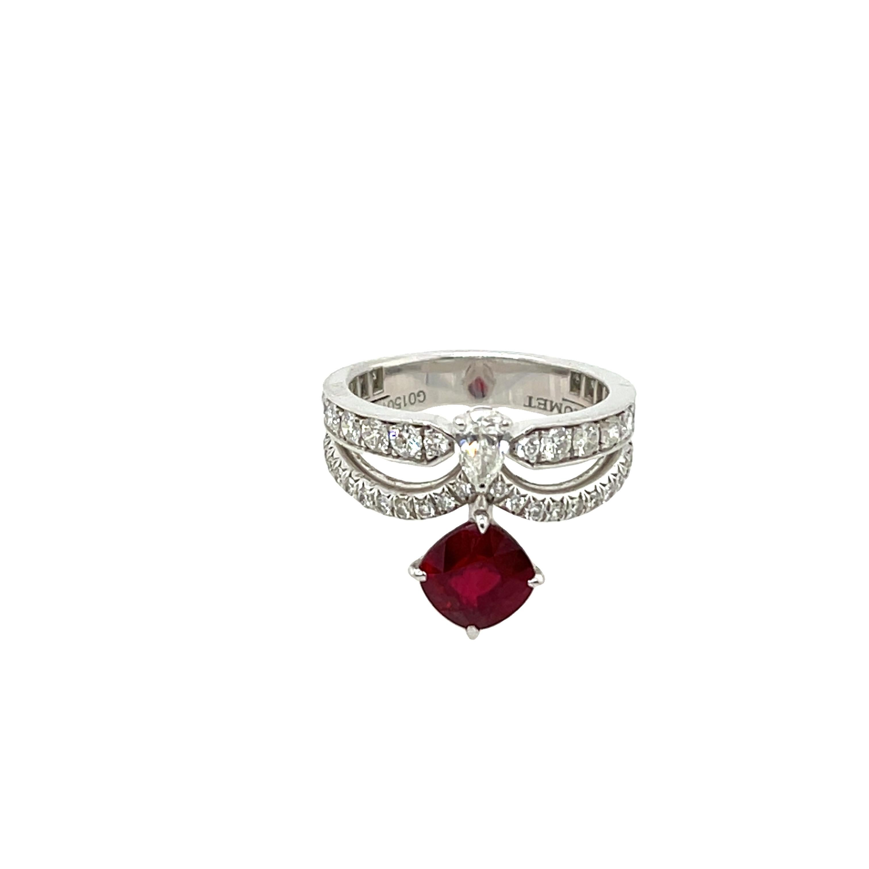This stunning Chaumet Joséphine Éclat Floral Ring is a true celebration of royal-inspired beauty. Crafted in 18ct white gold, the ring features a vivid natural ruby as its centrepiece, surrounded by a sparkling halo of brilliant-cut diamonds in an