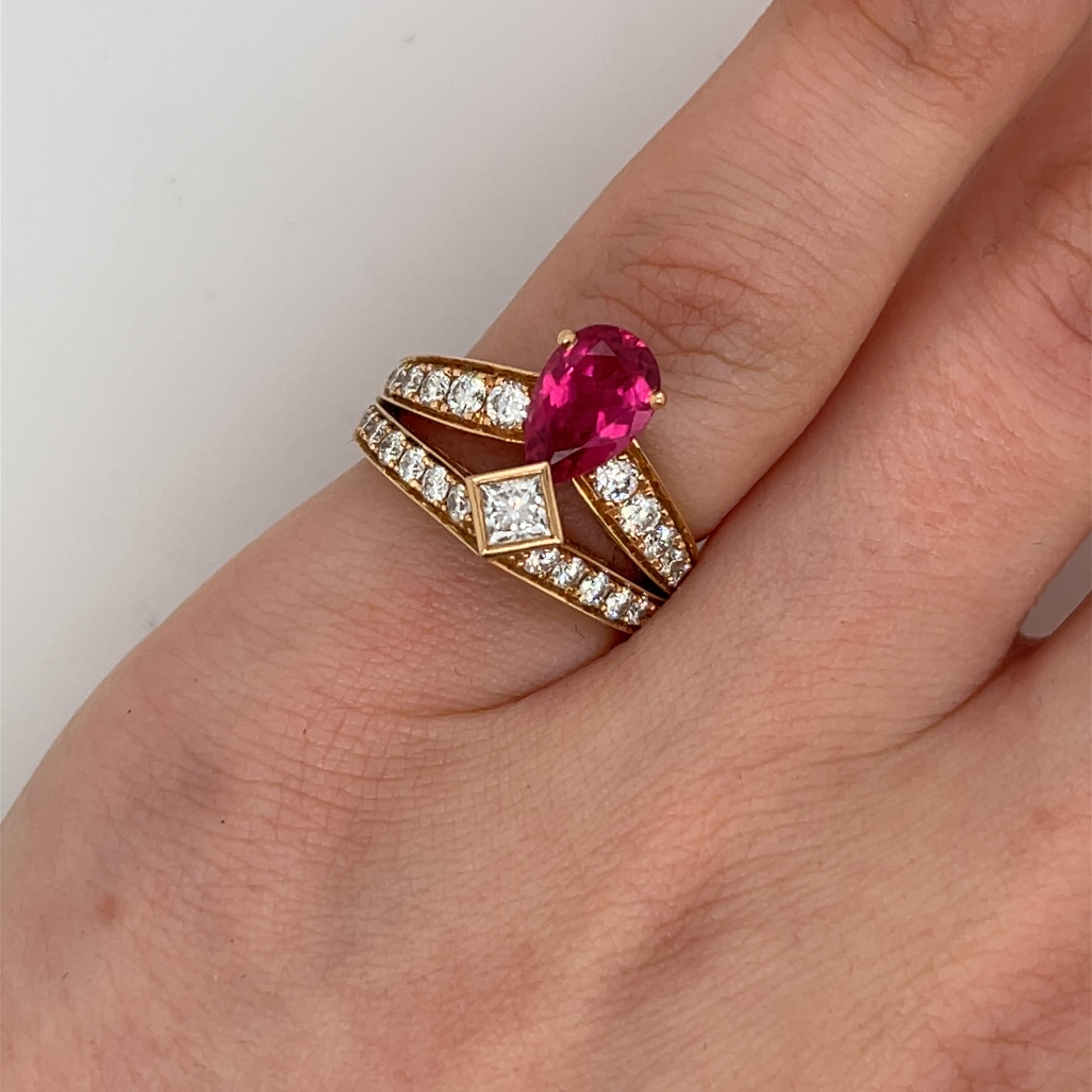 A regal expression of romance and refinement, this exquisite Chaumet Joséphine Tiara Ring is set in luxurious 18ct rose gold, crowned with a beautiful pear-shaped pink sapphire and accented with sparkling white diamonds. The tiara-inspired