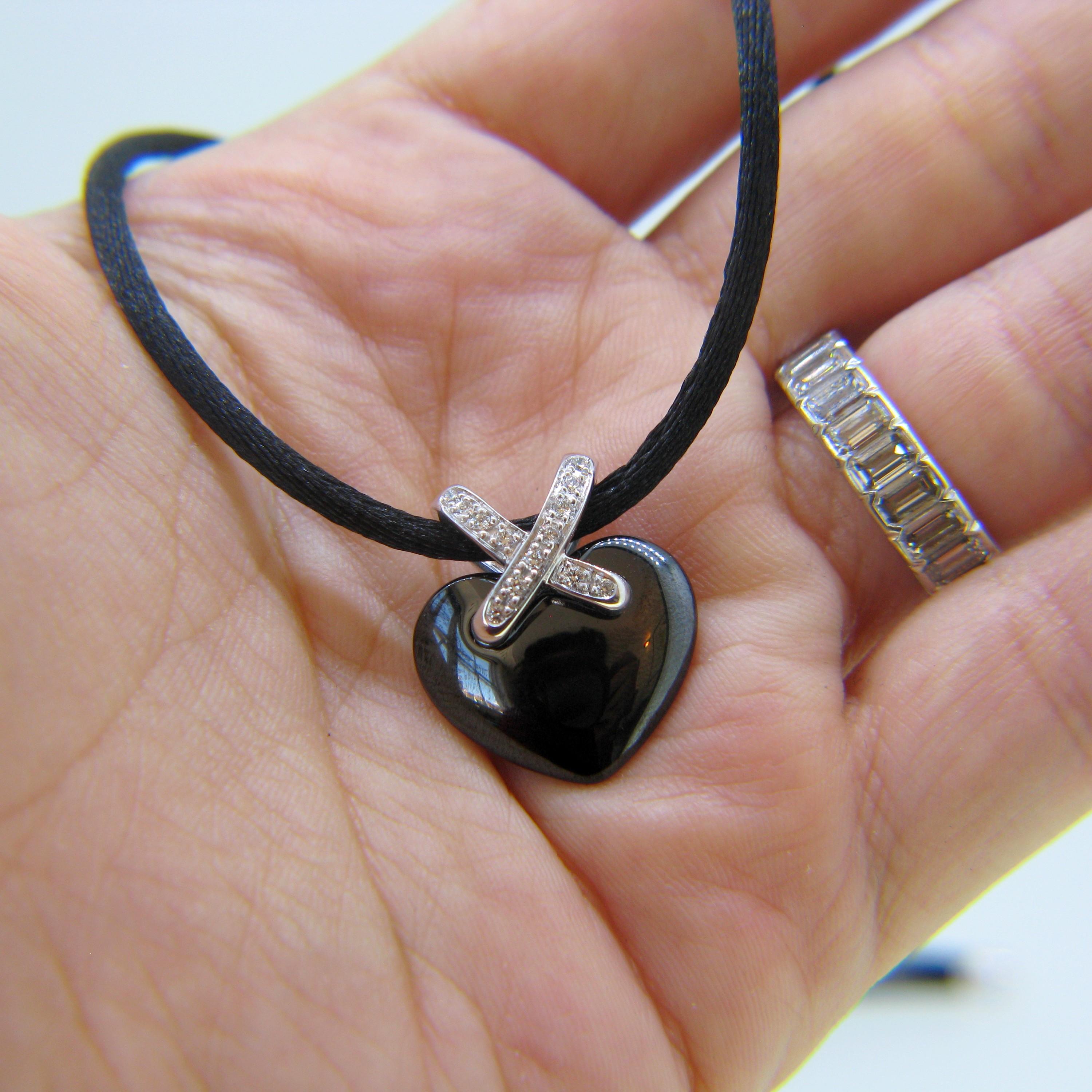 Round Cut Chaumet “Lien” Black Ceramic Diamonds Heart Pendant Satin Cord Necklace