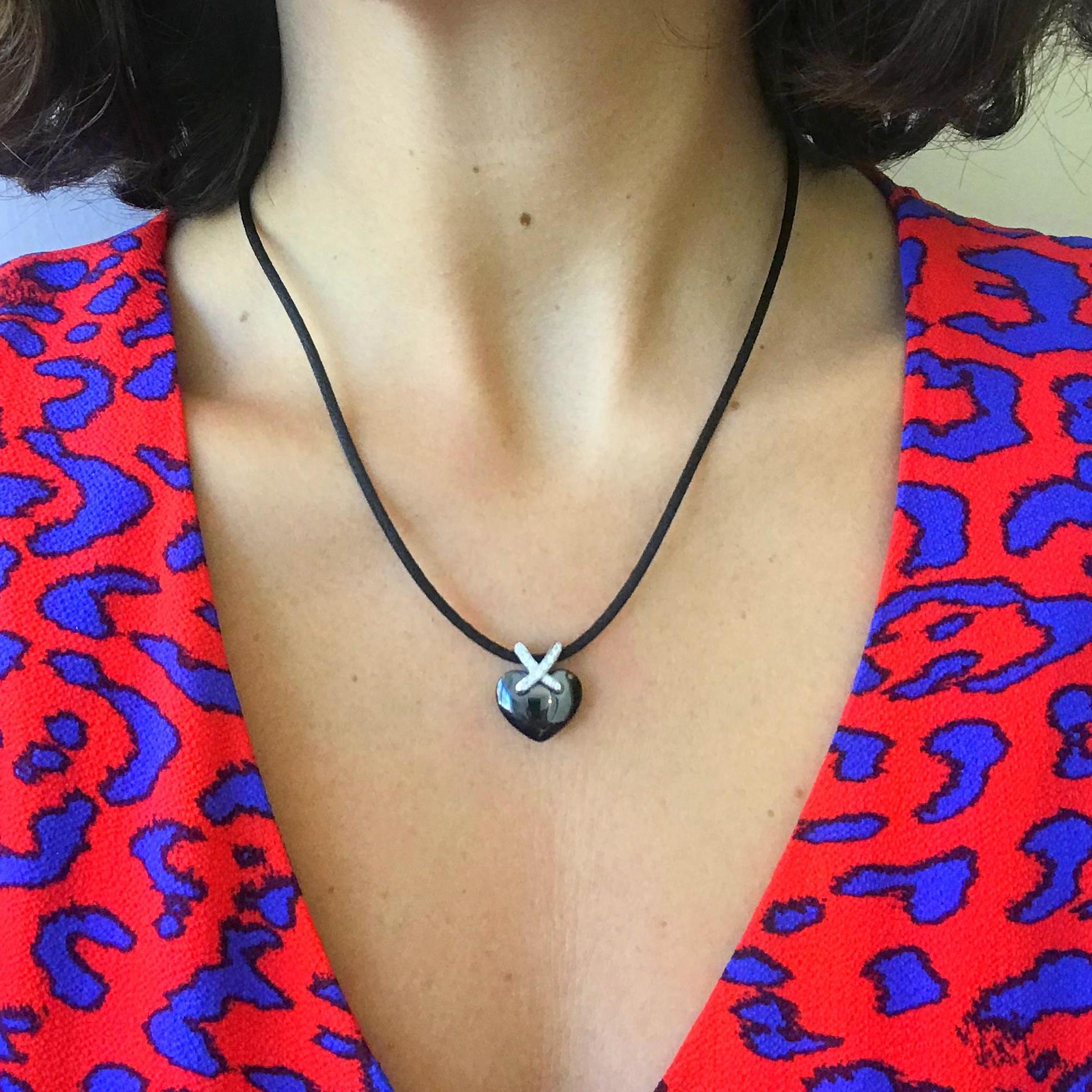Chaumet “Lien” Black Ceramic Diamonds Heart Pendant Satin Cord Necklace In Excellent Condition In London, GB