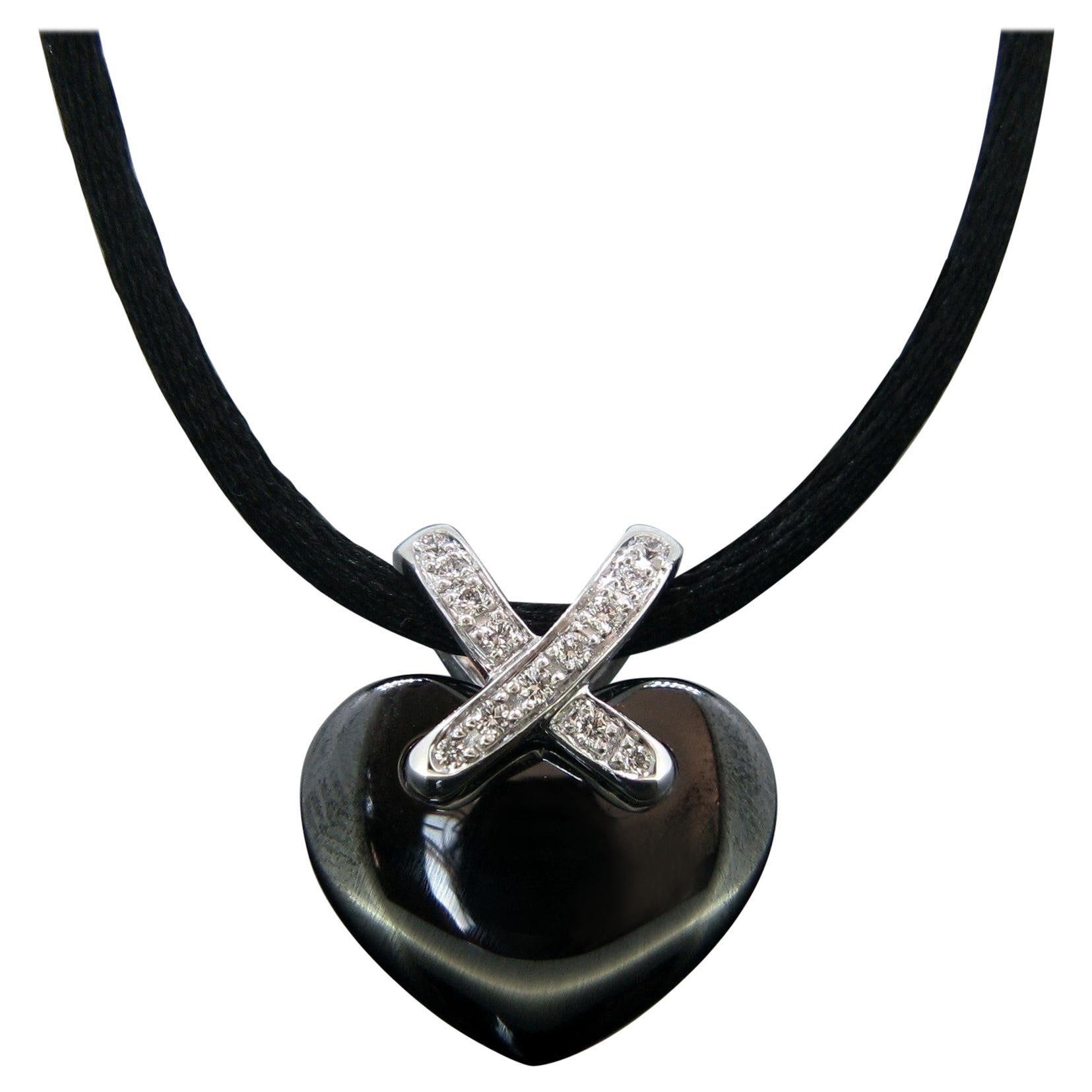 Chaumet “Lien” Black Ceramic Diamonds Heart Pendant Satin Cord Necklace