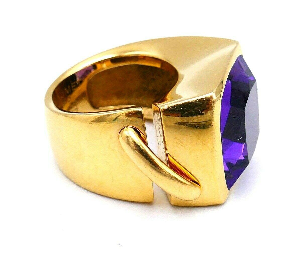 Chaumet Lien ring made of 18k yellow gold and amethyst. Gold is polished, amethyst is mixed cut. 
Stamped with Chaumet maker's mark, a hallmark for 18k gold and a serial number.
Measurements: the ring size is 5.5. The ornament is 3/4