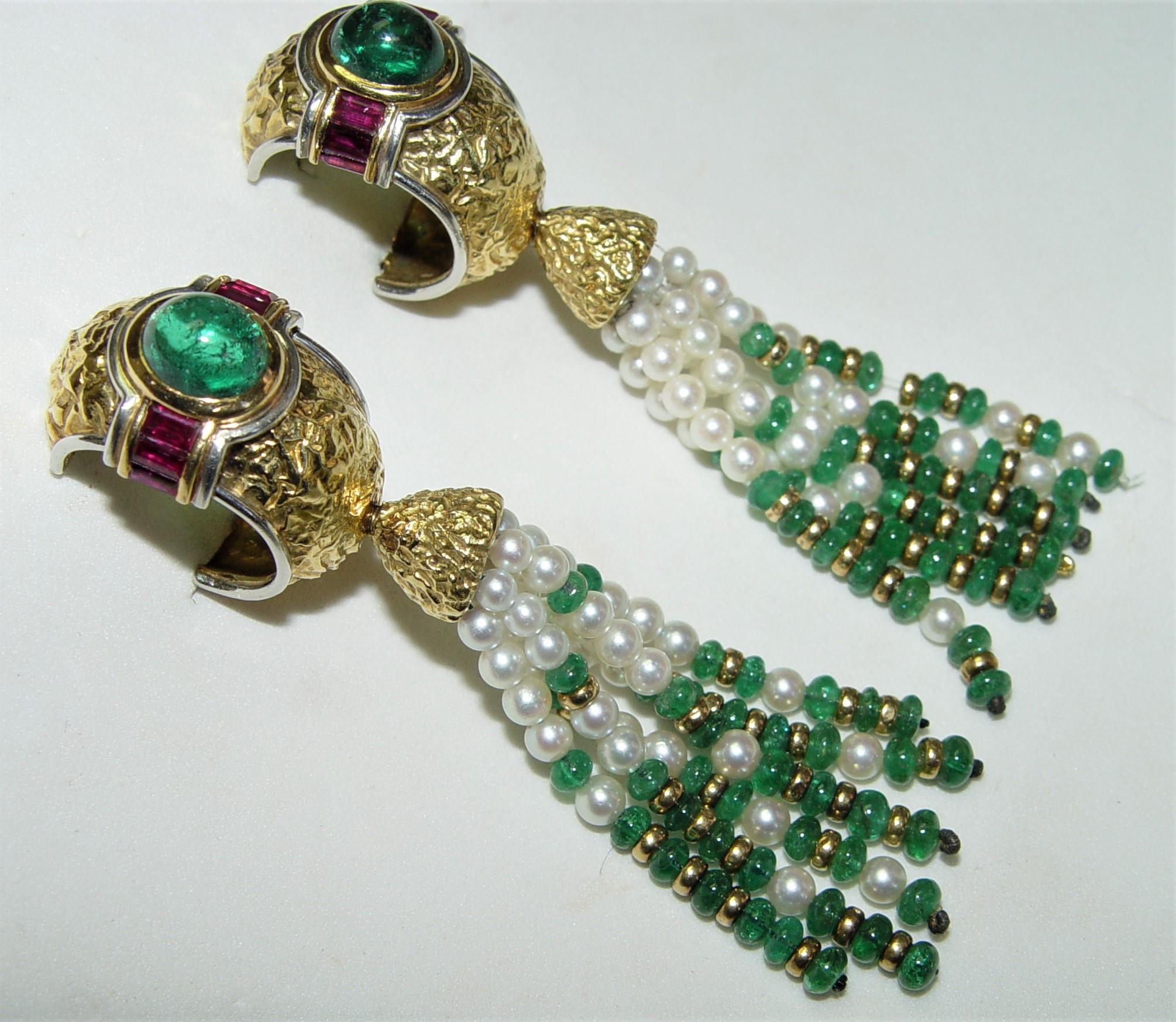 CHAUMET New York Emerald, Ruby and pearl earrings 18K For Sale 2