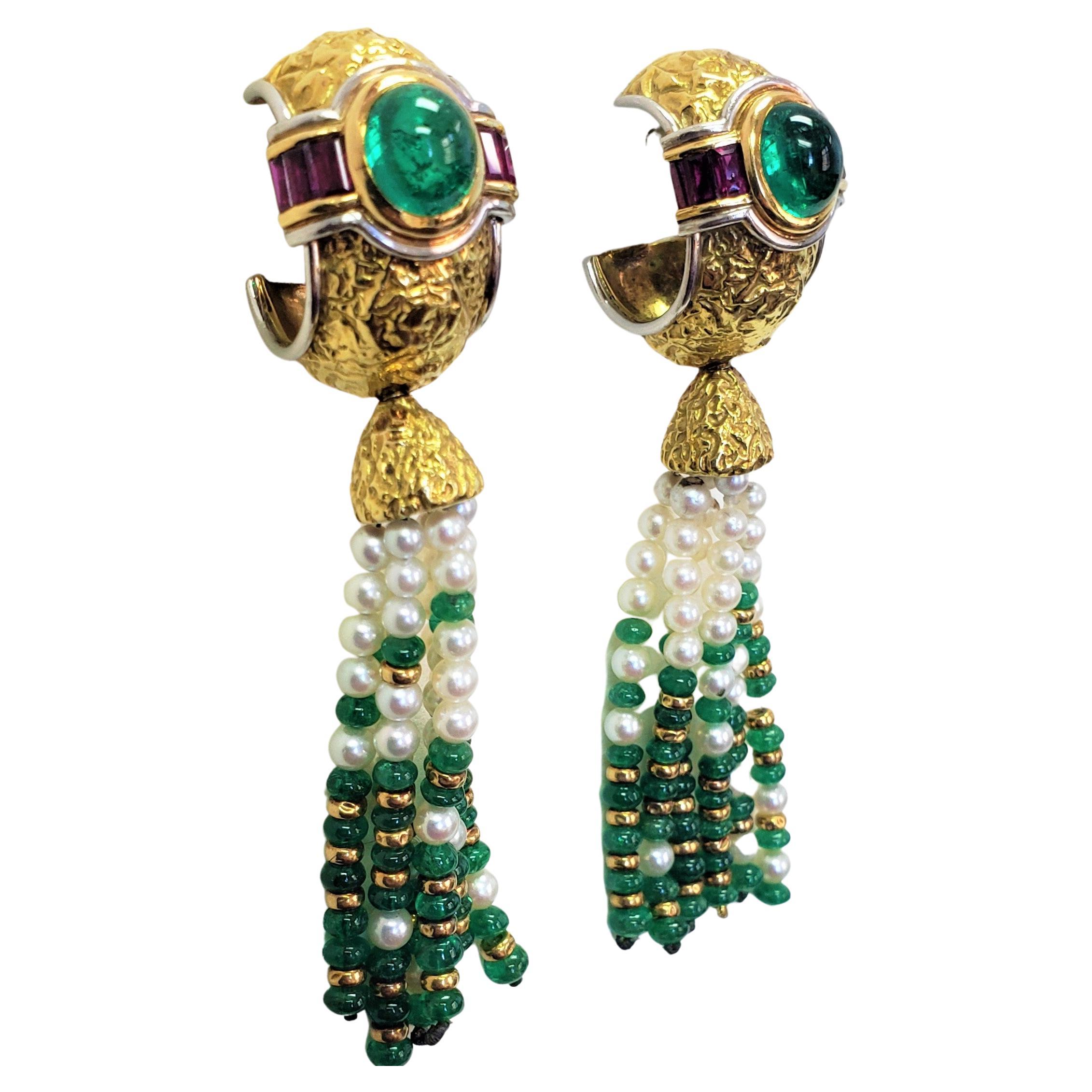 CHAUMET New York Emerald, Ruby and pearl earrings 18K For Sale