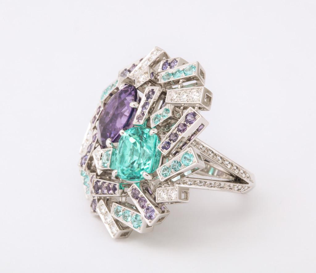 Cushion Cut Chaumet Paraiba Tourmaline Diamond Sapphire Ring