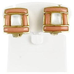 CHAUMET PARIS 18k Yellow Gold, Coral & Mother of Pearl Earrings Vintage