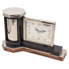 Antique CHAUMET Paris 1925 Art Deco Desk Clock In Plated Silver With Agate & Black Onyx