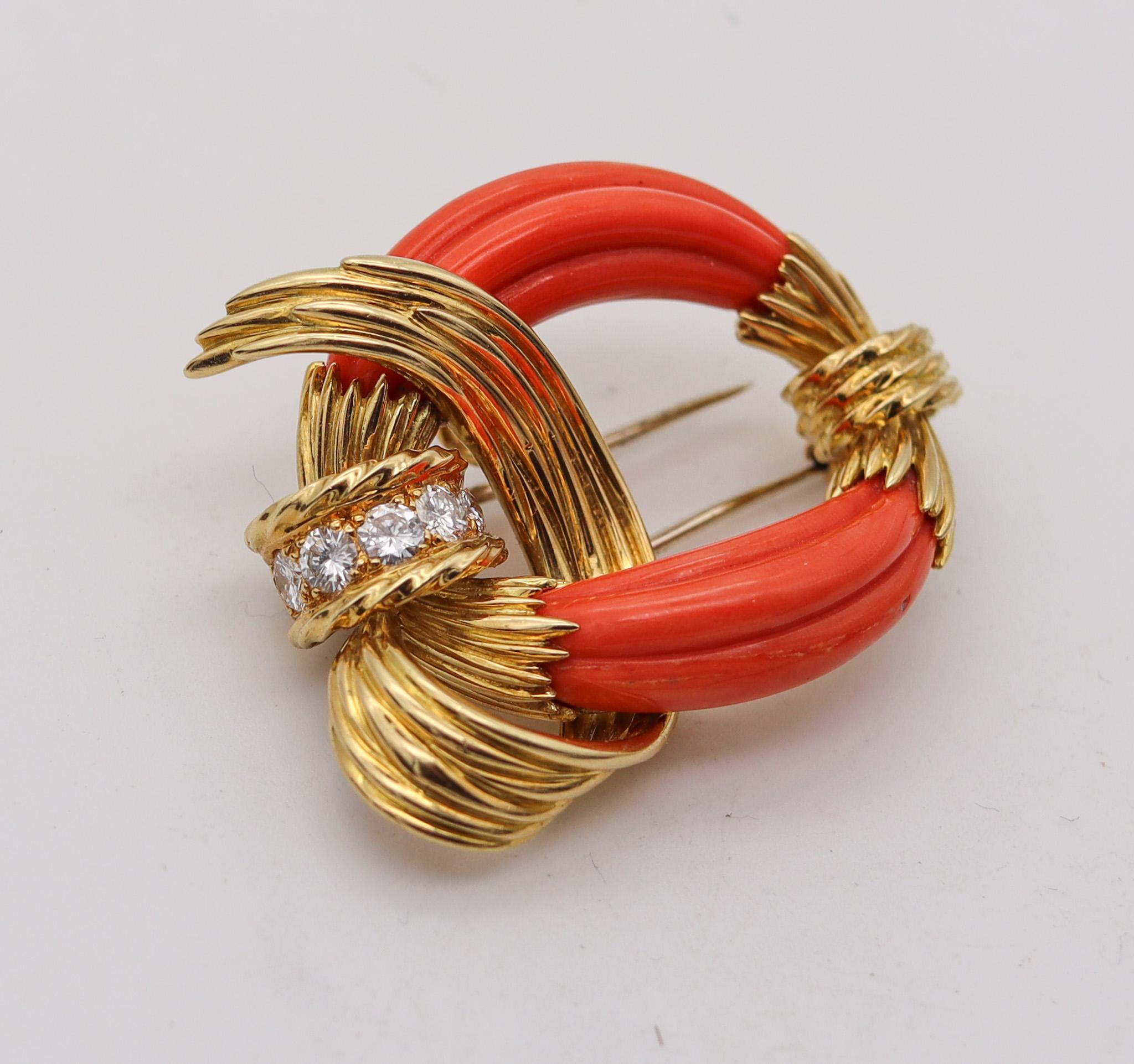Cabochon Chaumet Paris 1960 Modernist Pendant Brooch In 18Kt Gold With Coral And Diamonds For Sale