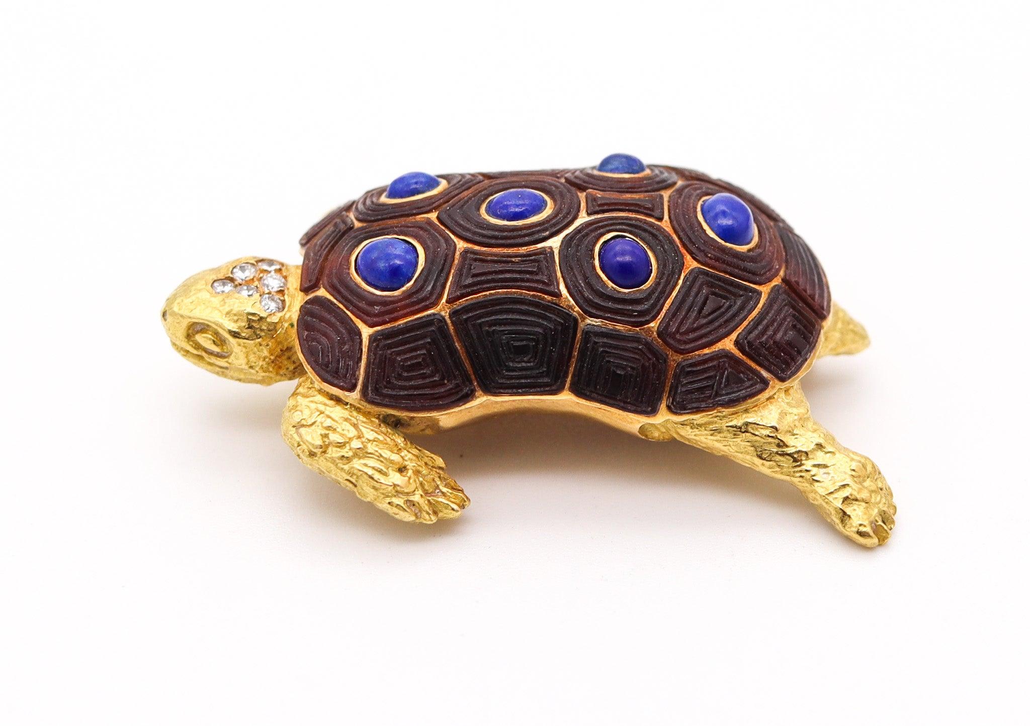 Modernist CHAUMET Paris 1960 Turtle Brooch 18Kt Yellow Gold With Diamonds & Lapis Lazuli For Sale