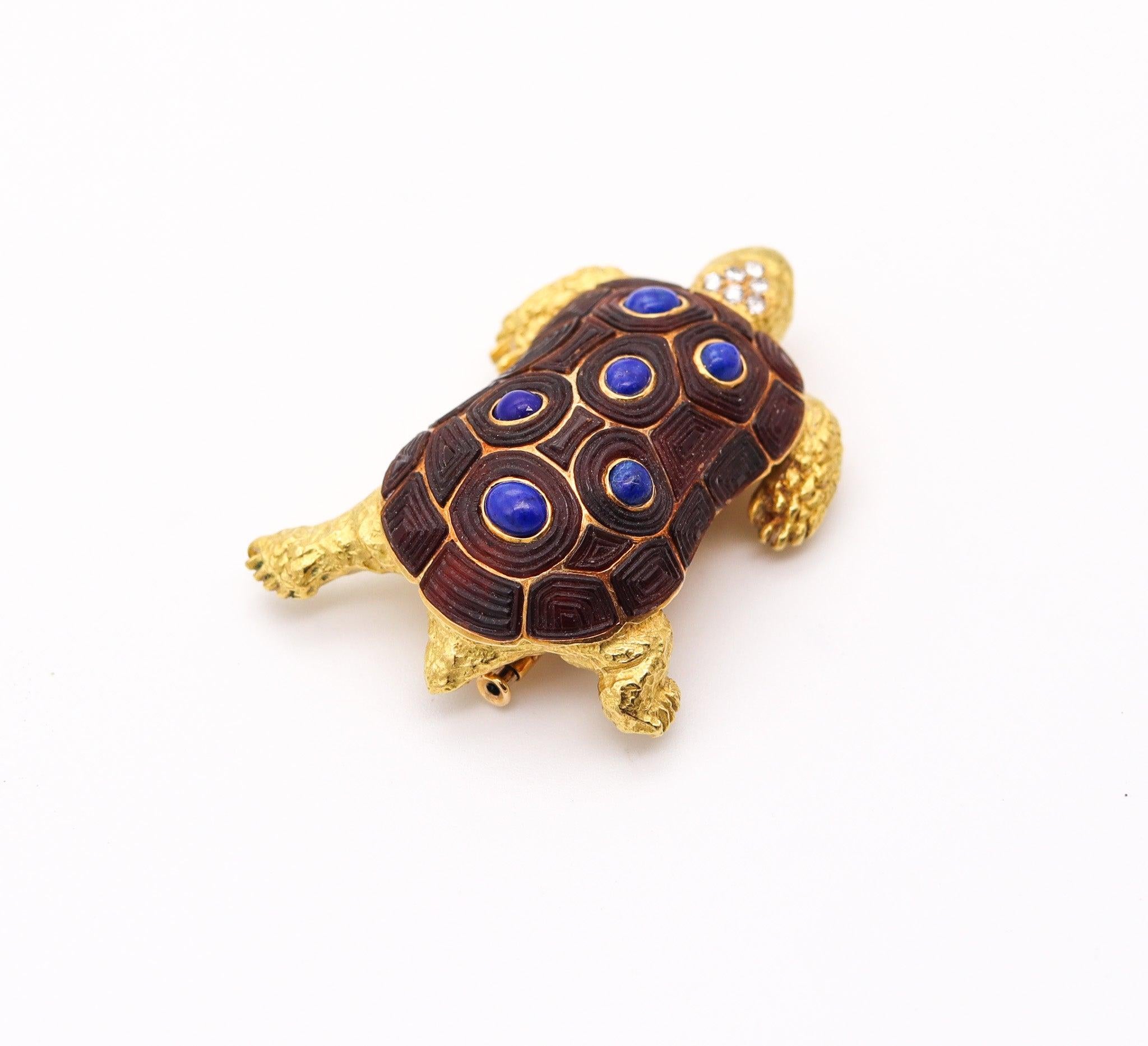 Cabochon CHAUMET Paris 1960 Turtle Brooch 18Kt Yellow Gold With Diamonds & Lapis Lazuli For Sale