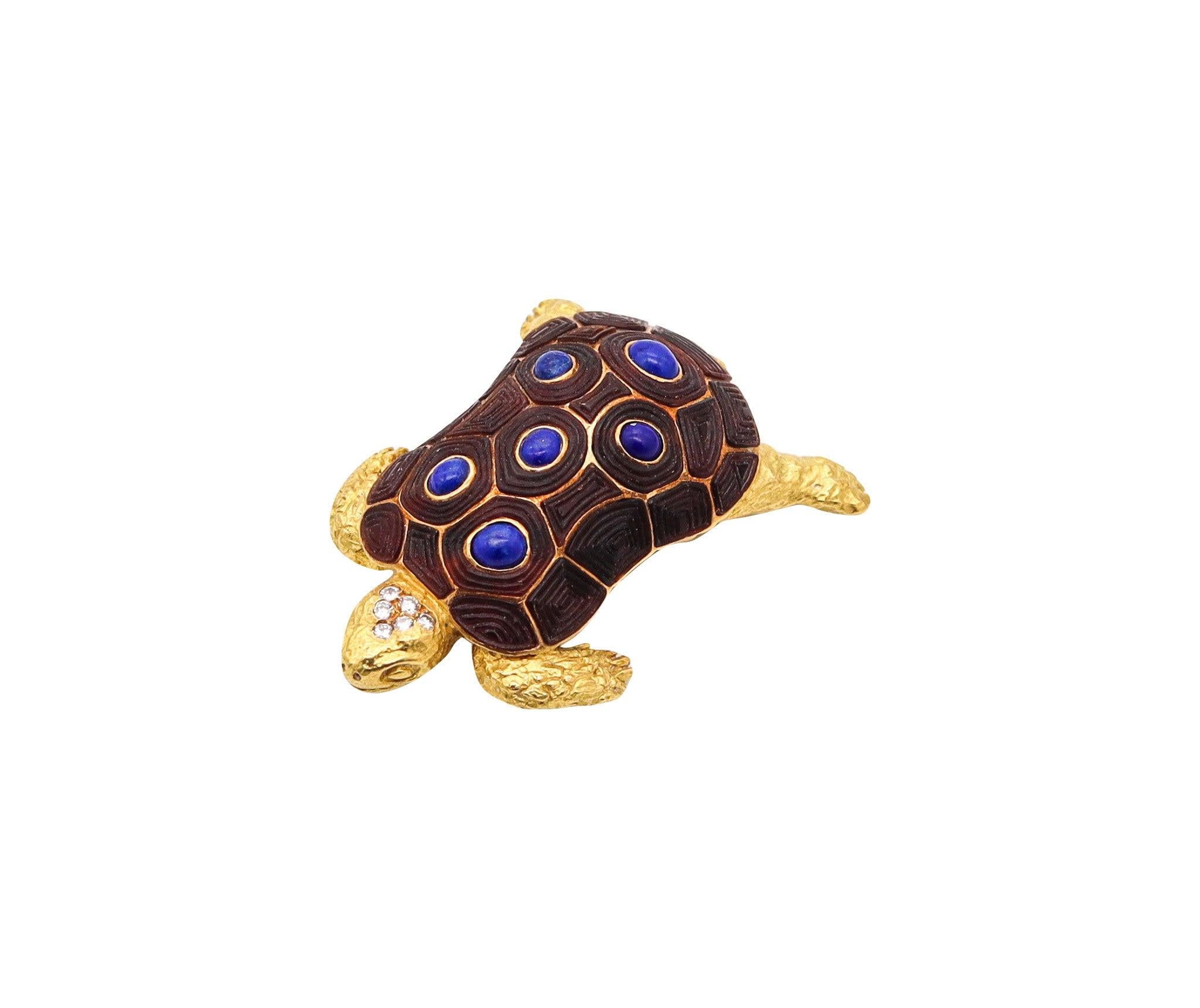 CHAUMET Paris 1960 Turtle Brooch 18Kt Yellow Gold With Diamonds & Lapis Lazuli For Sale 2