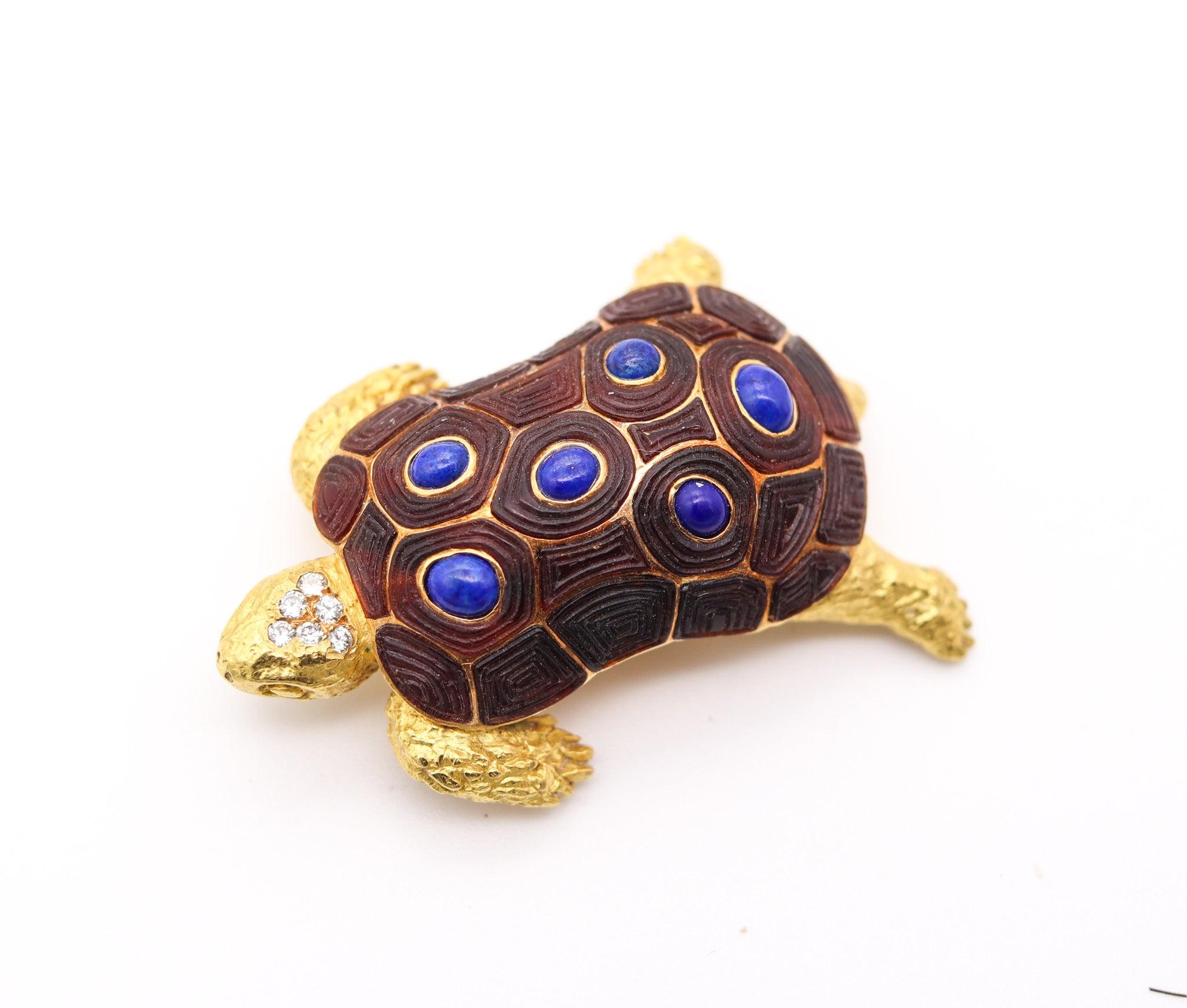 CHAUMET Paris 1960 Turtle Brooch 18Kt Yellow Gold With Diamonds & Lapis Lazuli For Sale 3
