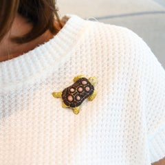 CHAUMET Paris 1960 Turtle Brooch 18Kt Yellow Gold With Diamonds & Rhodochrosite