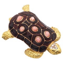 CHAUMET Paris 1960 Turtle Brooch 18Kt Yellow Gold With Diamonds & Rhodochrosite
