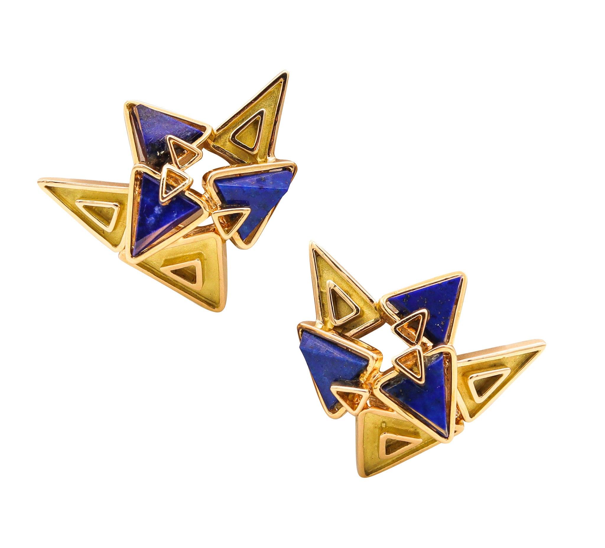 CHAUMET Paris 1970 Geometric Clips-on Earrings 18Kt Yellow Gold & Carved Lapis 4