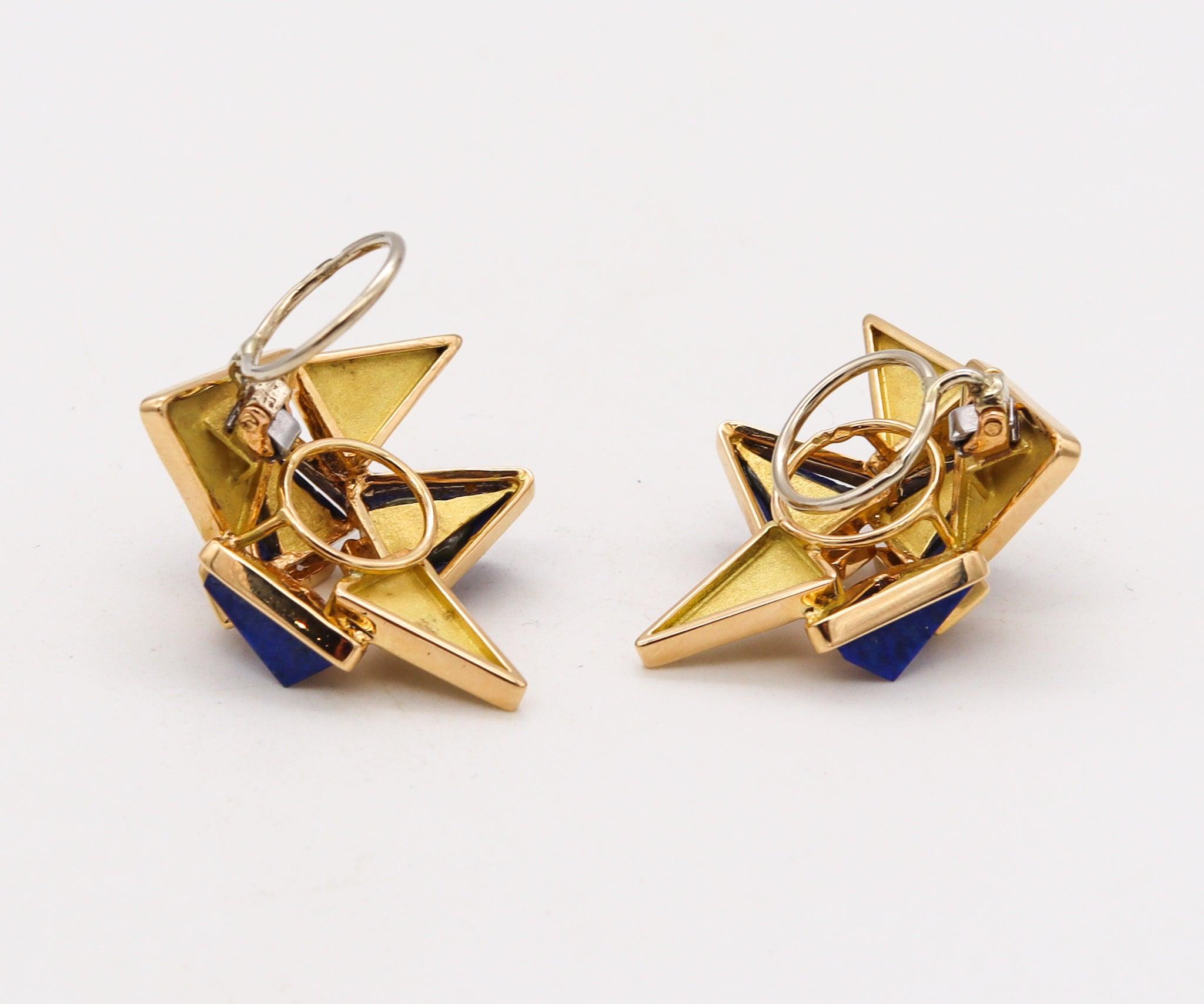 Modernist CHAUMET Paris 1970 Geometric Clips-on Earrings 18Kt Yellow Gold & Carved Lapis