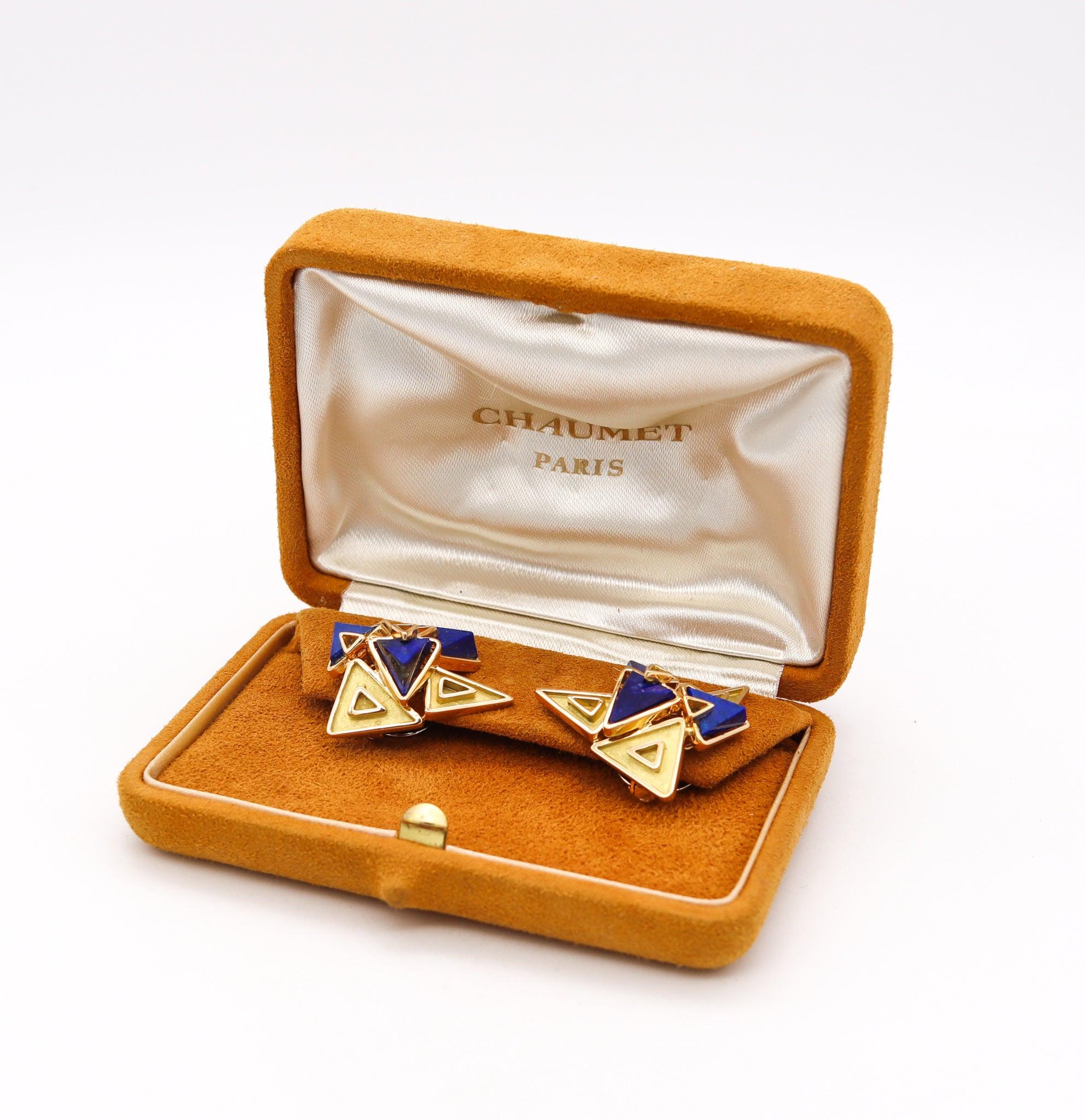 Cabochon CHAUMET Paris 1970 Geometric Clips-on Earrings 18Kt Yellow Gold & Carved Lapis