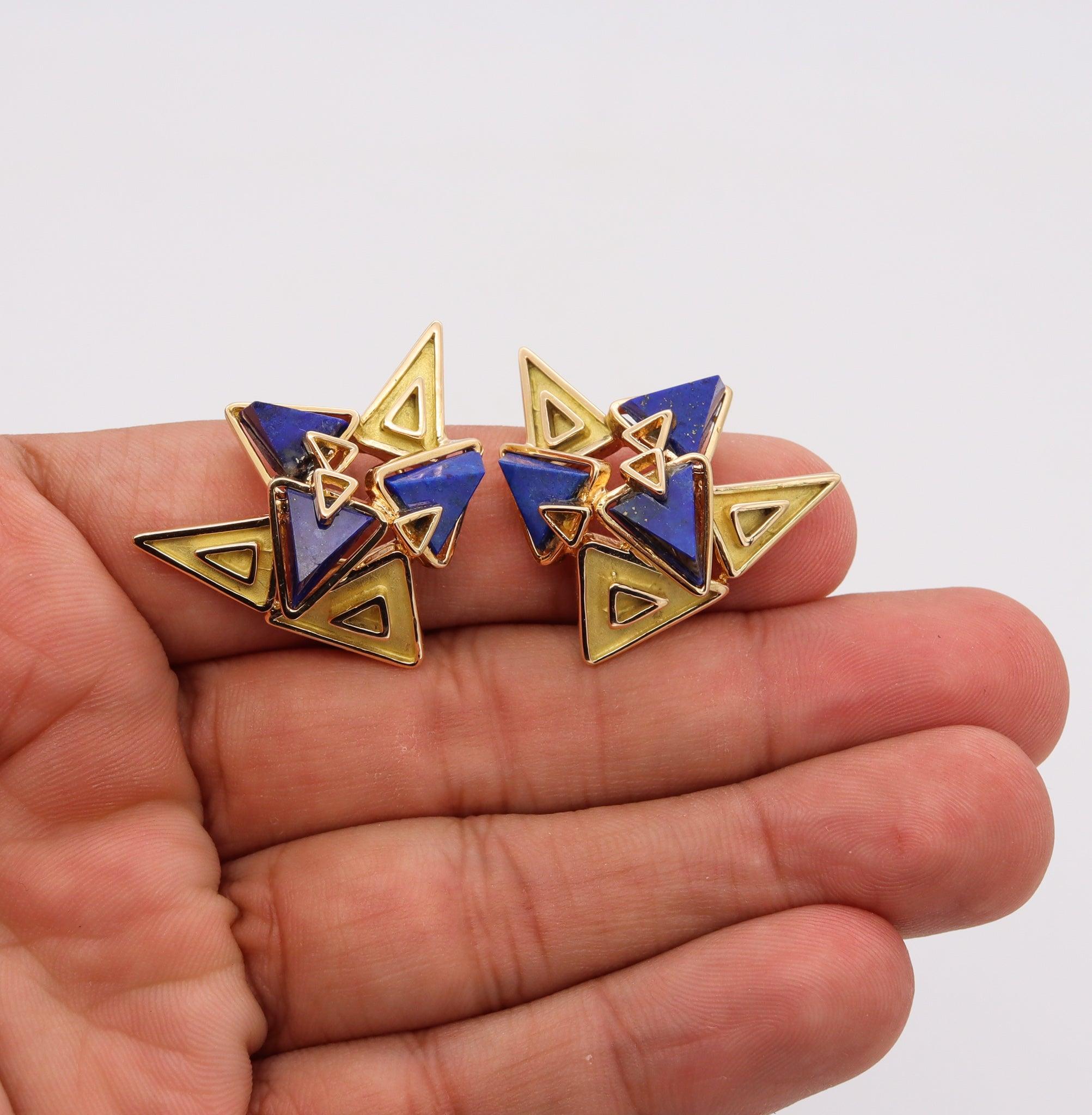 CHAUMET Paris 1970 Geometric Clips-on Earrings 18Kt Yellow Gold & Carved Lapis 2