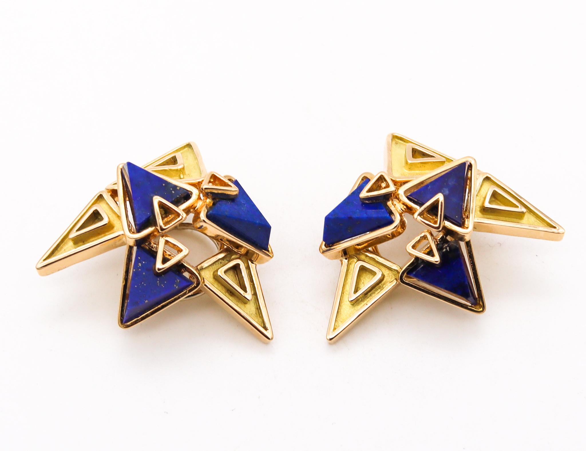 Geometric earrings designed by Chaumet.

Exceptional three-dimensional geometric pieces, created in Paris France by the house of Chaumet, back in the 1970. These very rare sculptural modernist clip-on earrings has been made, with an arrange of