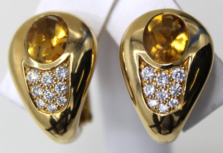 Mixed Cut Mauboussin Paris 1980s Citrine Diamond 18 Karat Gold Ear Clips For Sale