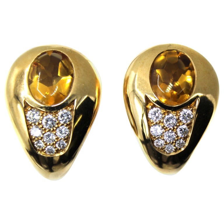 Mauboussin Paris 1980s Citrine Diamond 18 Karat Gold Ear Clips For Sale