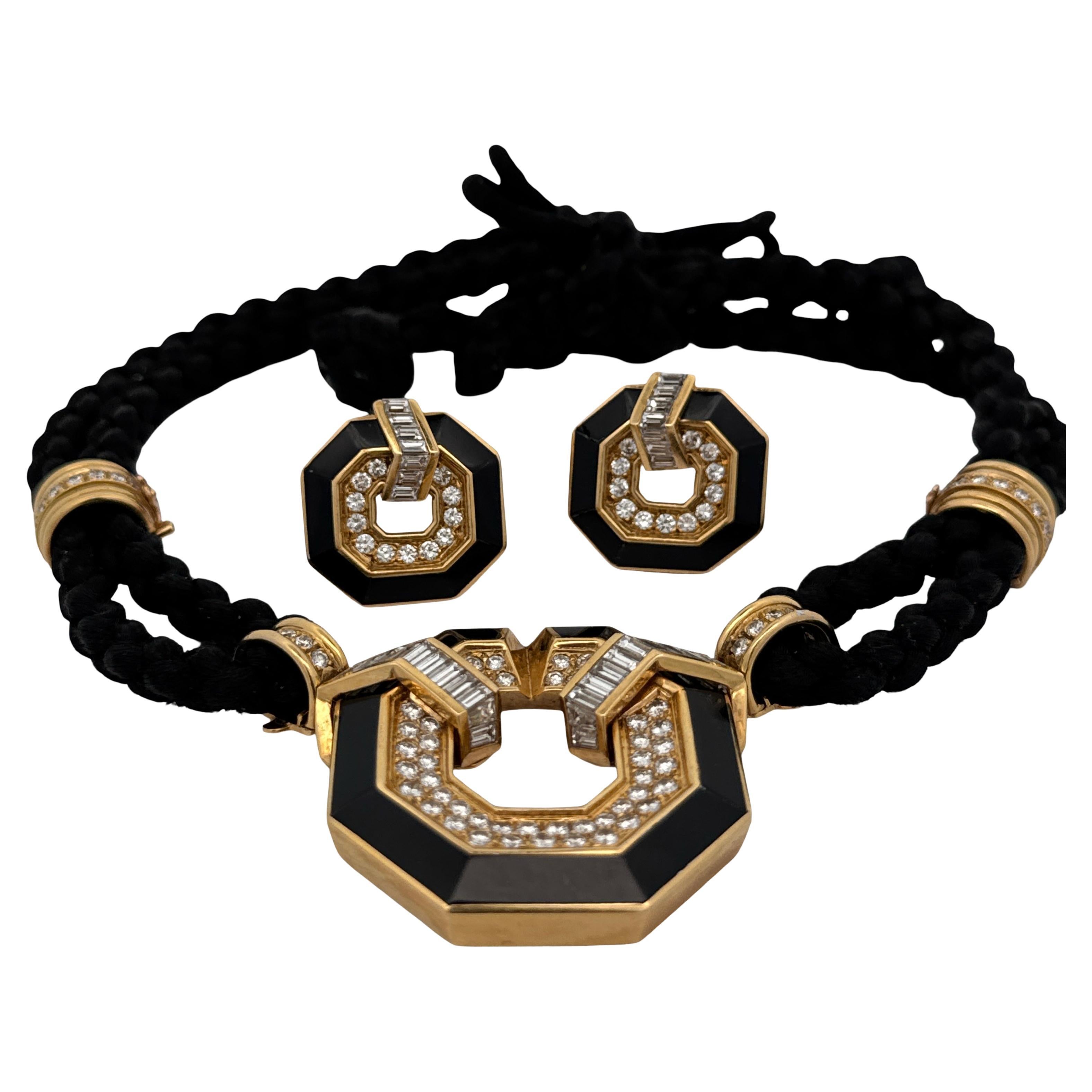 Chaumet Paris 6.20cttw Diamond Inlay Onyx Necklace and Earring Set