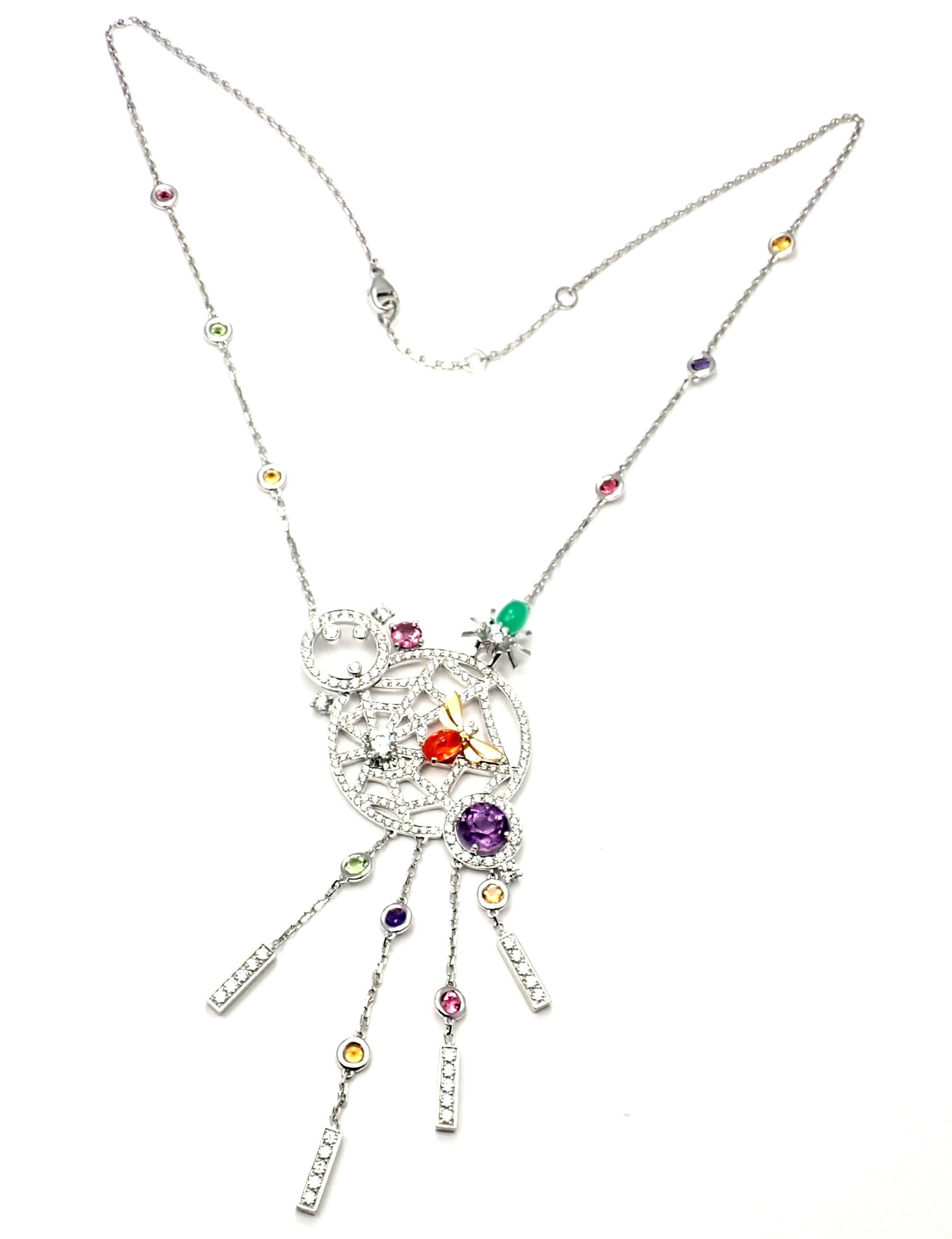 18k White Gold Diamond Color Stone Attrape Moi Necklace by Chaumet.
With 218 round brilliant cut diamonds VS1 clarity, G color total weight approximately 2.25ct 
Fire opal, amethyst, green chalcedony, tourmalines
Details:
Length: 17