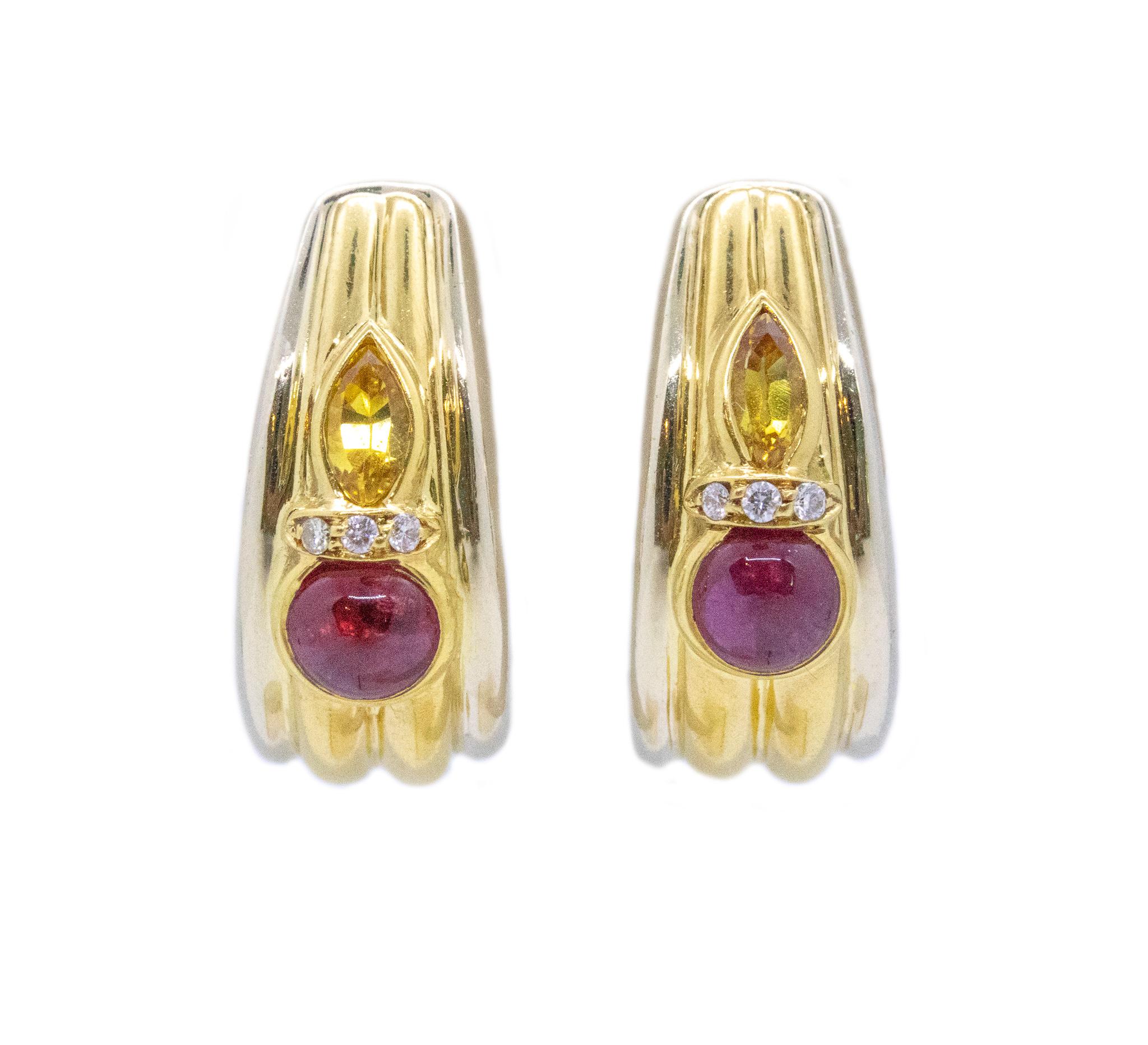 Modernist Chaumet Paris Clips Earrings in 18Kt Gold with 2.34 Cts Rubies Sapphires Diamond For Sale