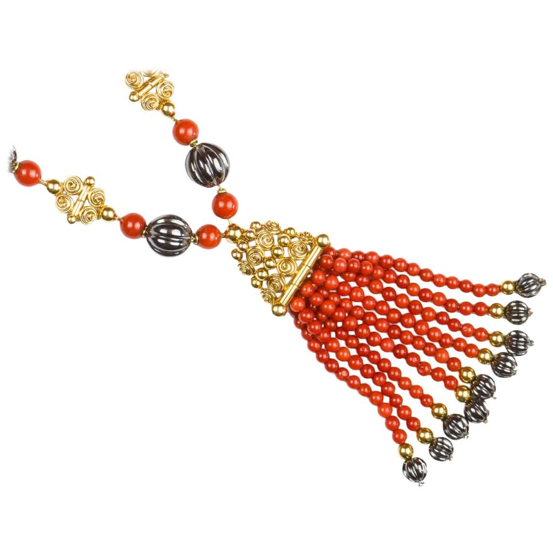 Chaumet Paris Coral Hematite Sautoir and Earpendants Set