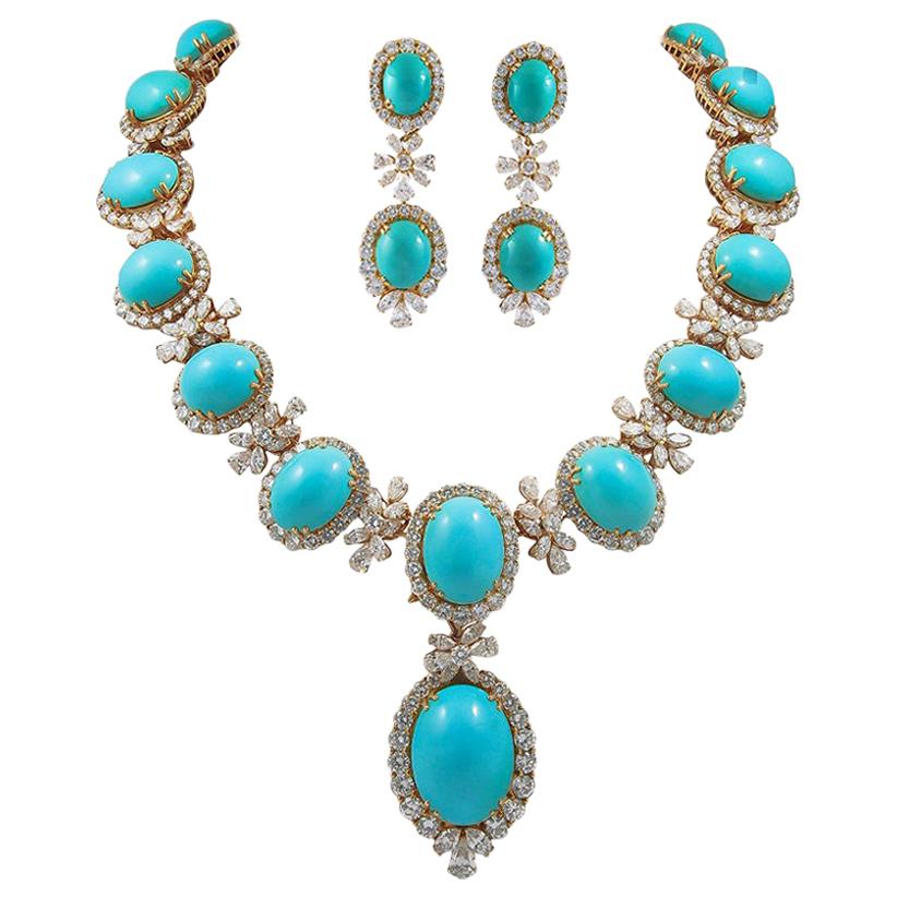Chaumet Paris Diamond Cabochon Turquoise Gold Necklace Ear Clips and Ring Suite